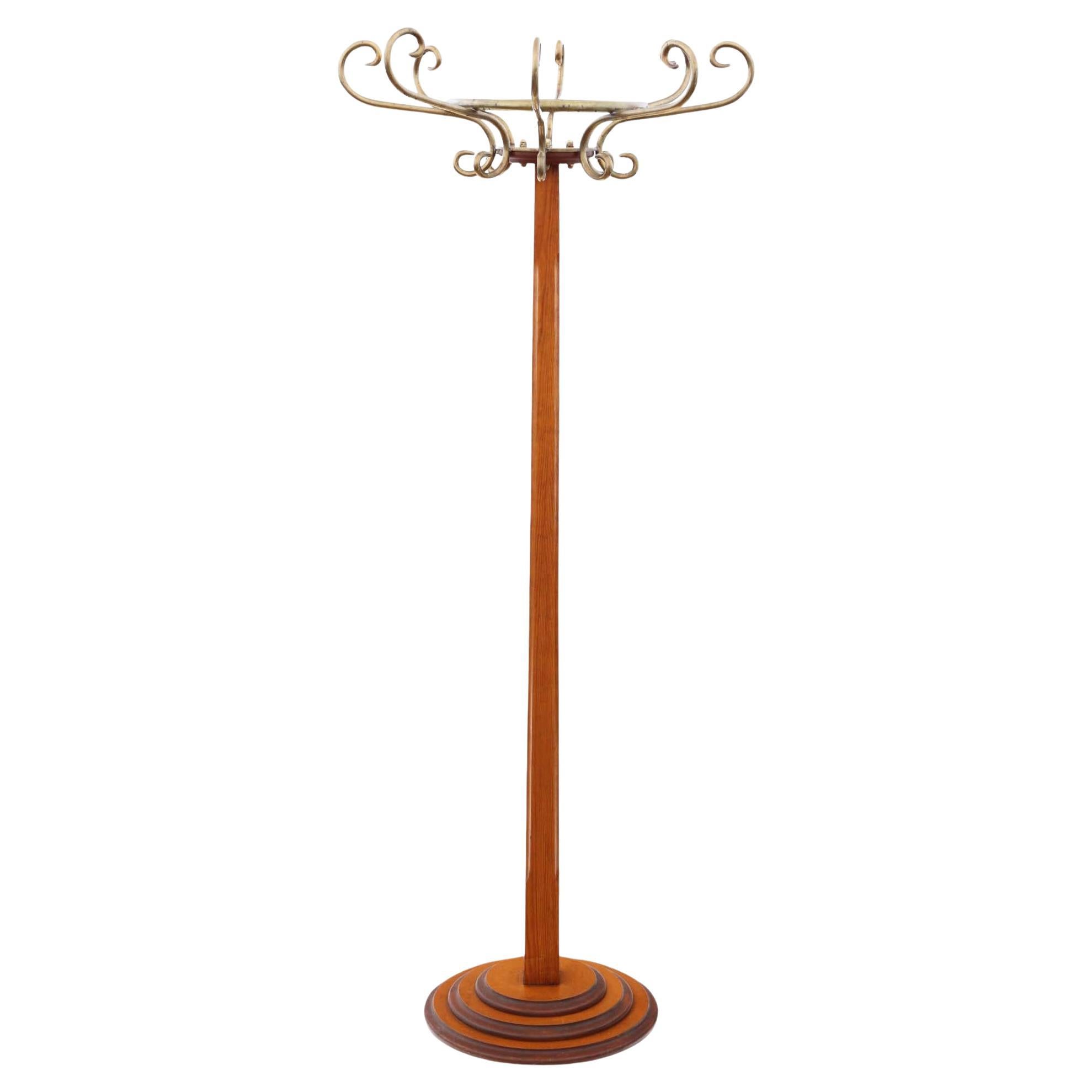 Vintage Retro Mixed Wood and Brass Hall Stand - Art Deco Style Coat/Hat Rack im Angebot