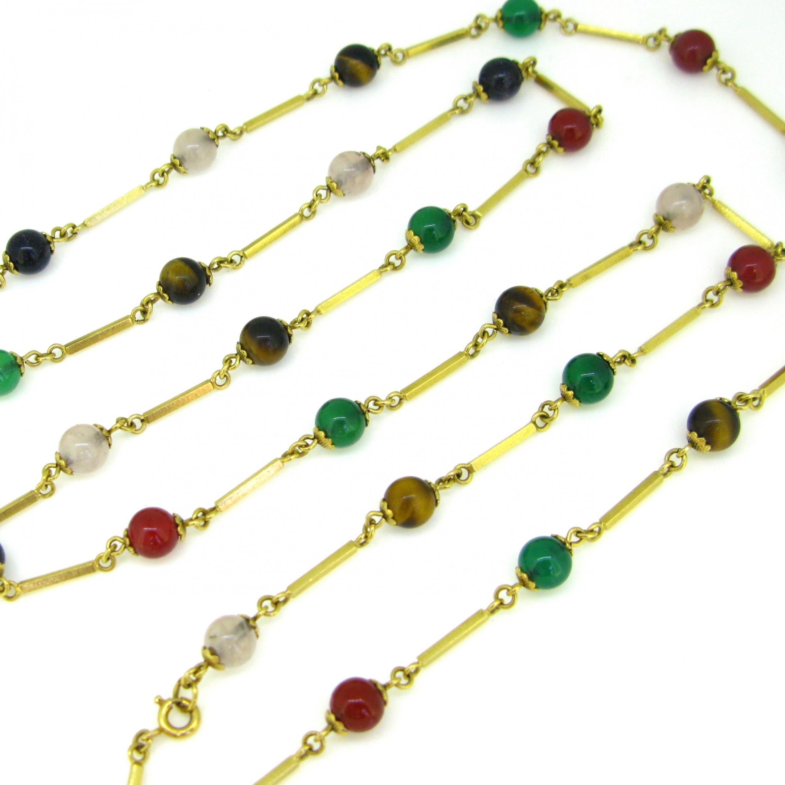 Women's or Men's Vintage Retro Multi Beads Long Chain, 18kt Yellow Gold, circa 1950 For Sale