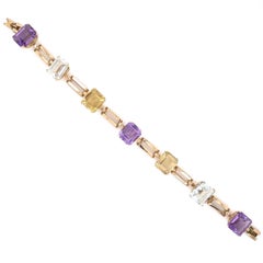 Vintage Retro Multi Gemstone Aquamarine Amethyst and Citrine Gold 1940s Bracelet