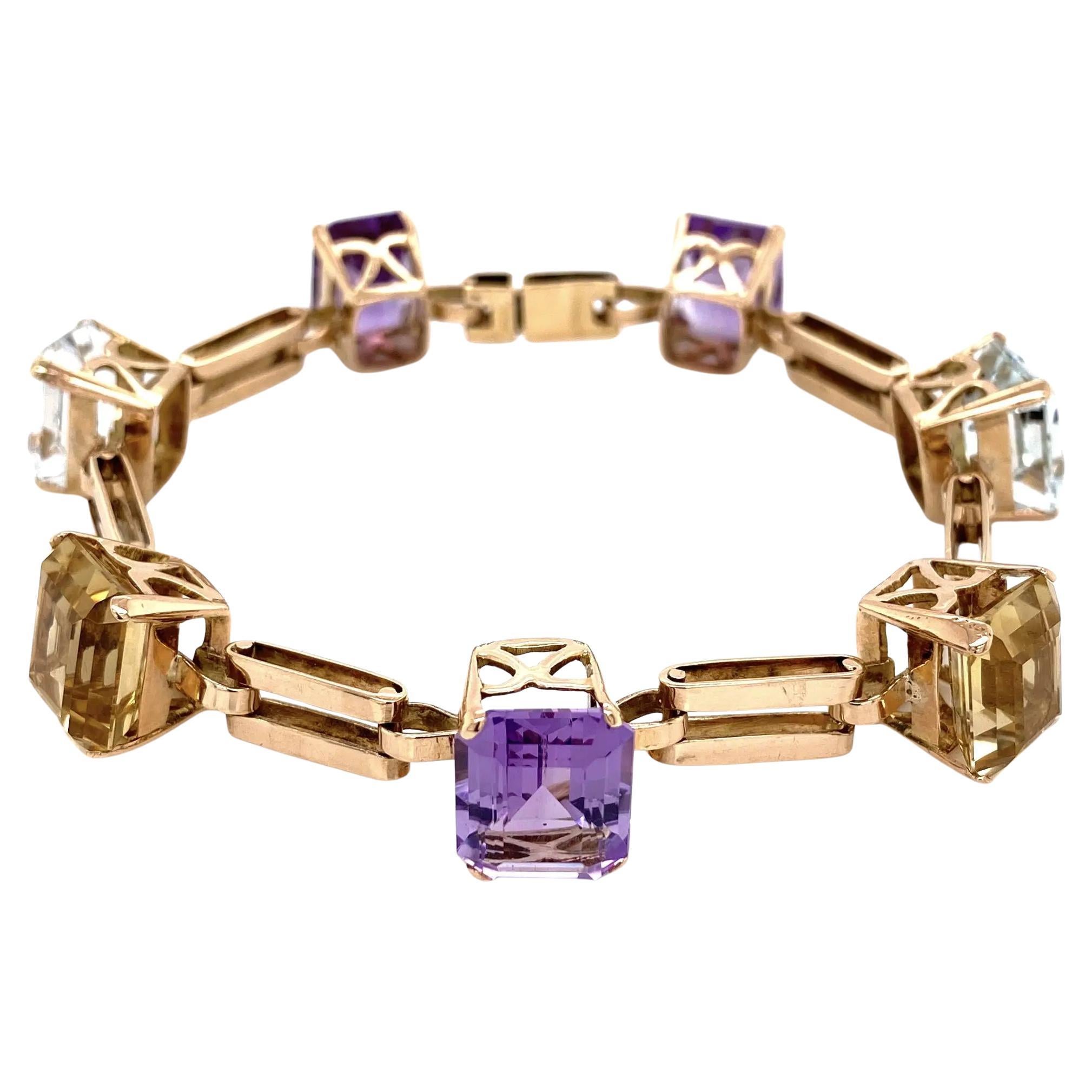 Vintage Retro Multi Gemstone Aquamarine Amethyst and Citrine Gold 1940s Bracelet For Sale