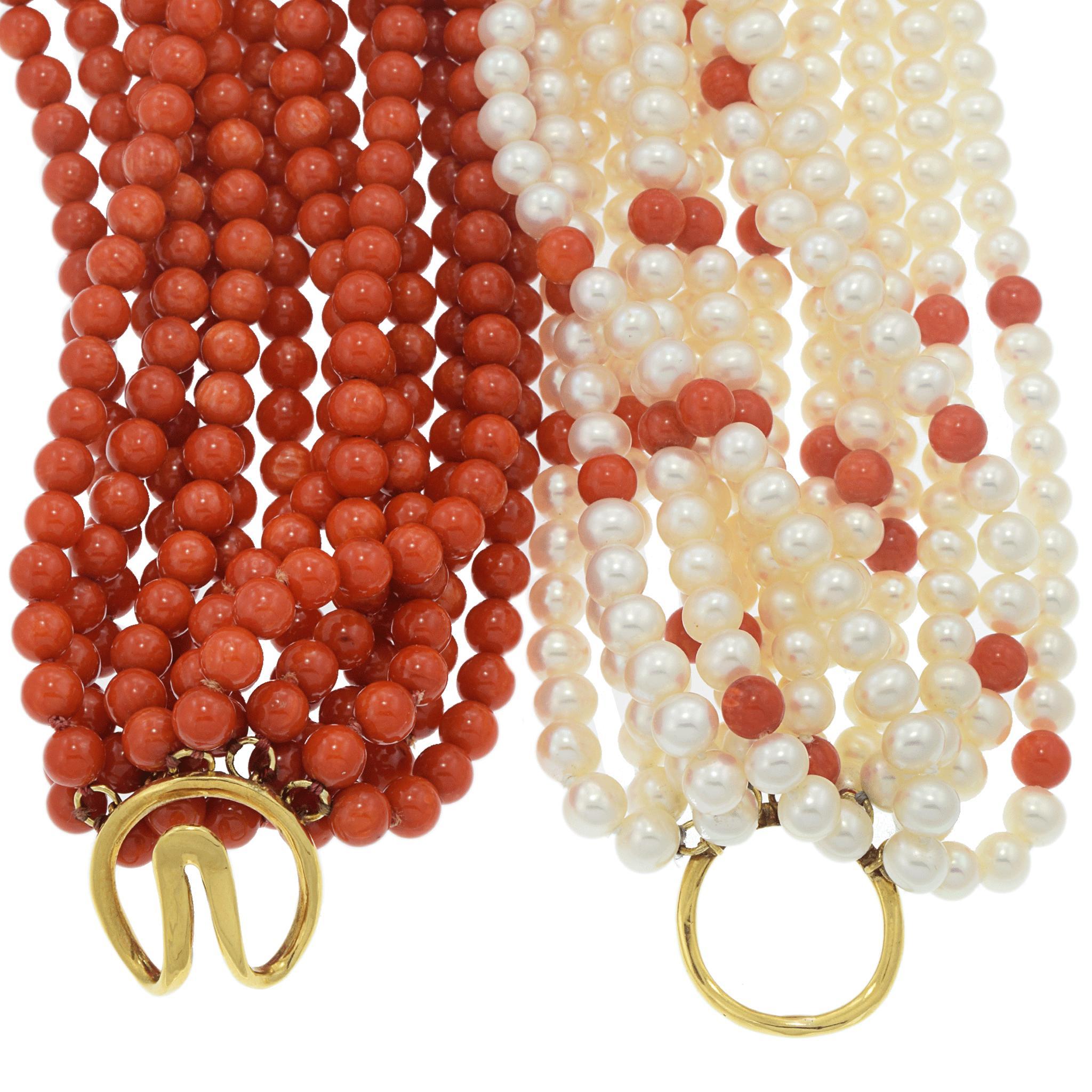Bead Vintage Retro Multi Strand Coral and Japanese Akoya Pearl 18KT Necklace For Sale