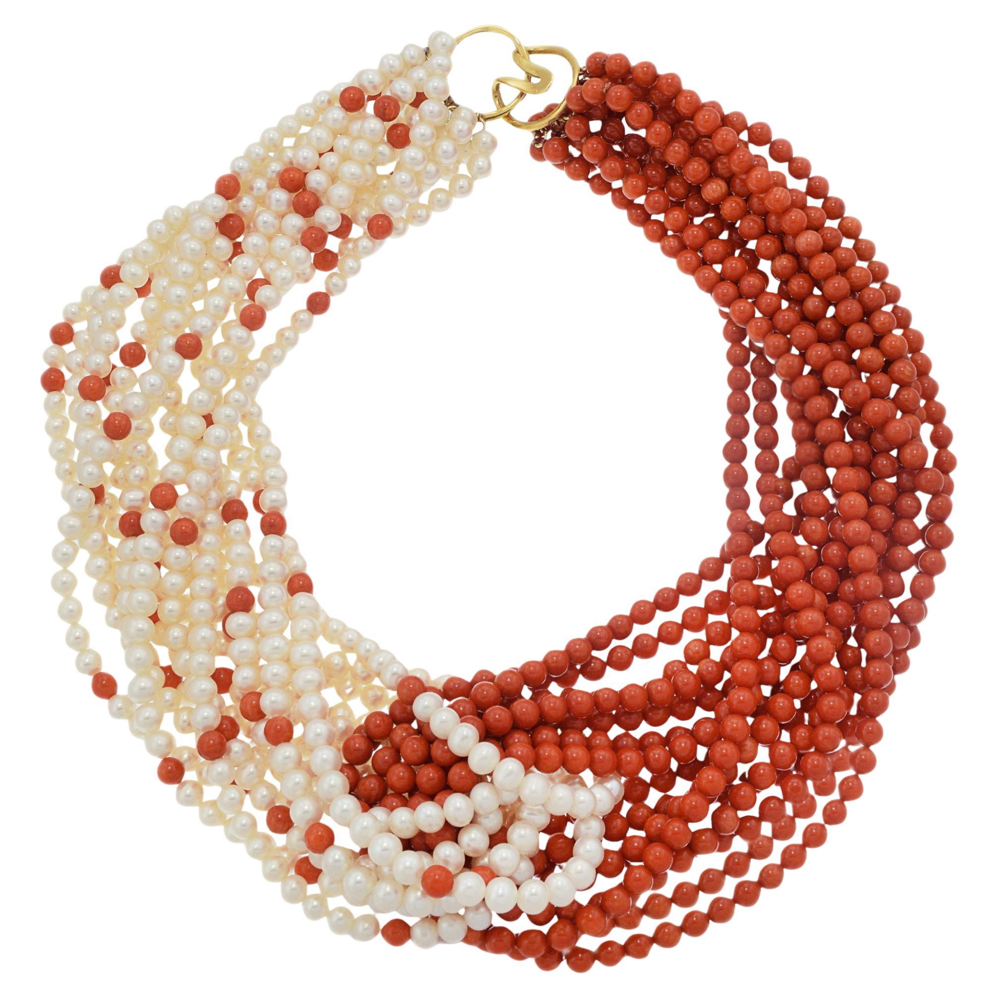 Vintage Retro Multi Strand Coral and Japanese Akoya Pearl 18KT Necklace For Sale