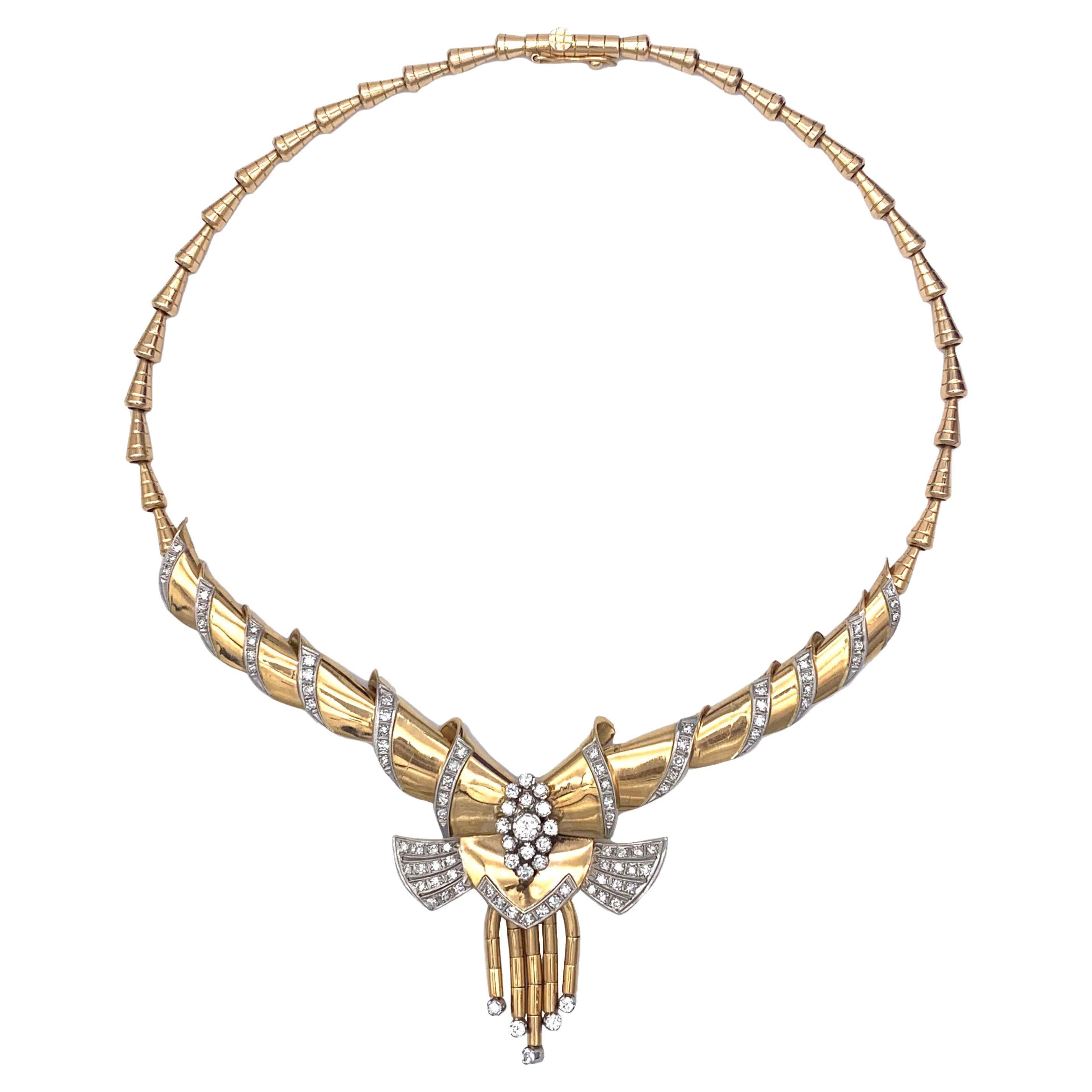 Halskette Vintage 1940er Jahre Diamant 18 Karat Gold Platin Gelbgold Roségold  im Angebot