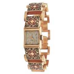 Vintage Retro Omega 14k Gold Black & Red Enamel Textured Wrist Watch Bracelet