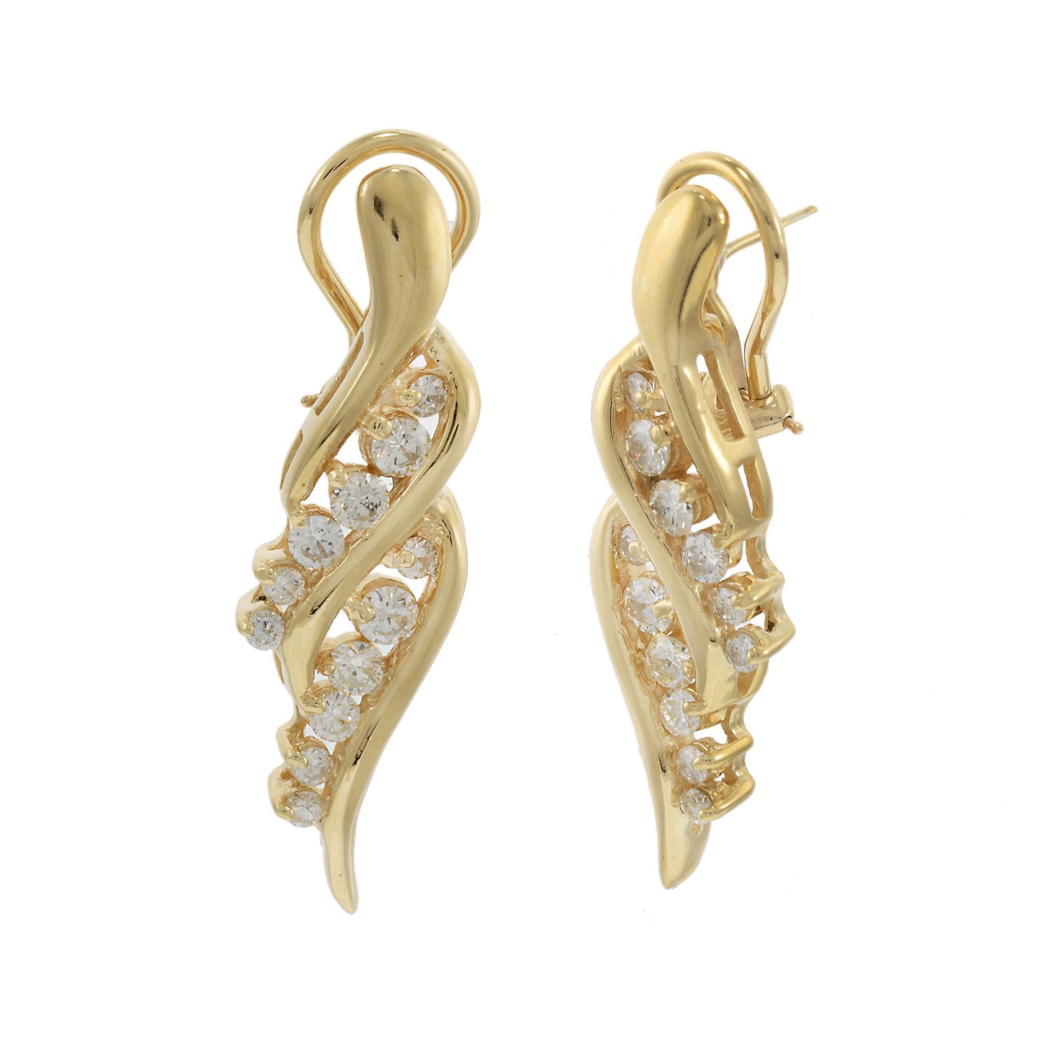 A sophisticated pair of vintage Retro period diamond drop earrings, crafted in 14KT yellow gold and adorned with 2.00CT-TW of G-VS/SI round brilliant-cut diamonds. These elegant drop earrings feature a graceful swirl design, adding movement and