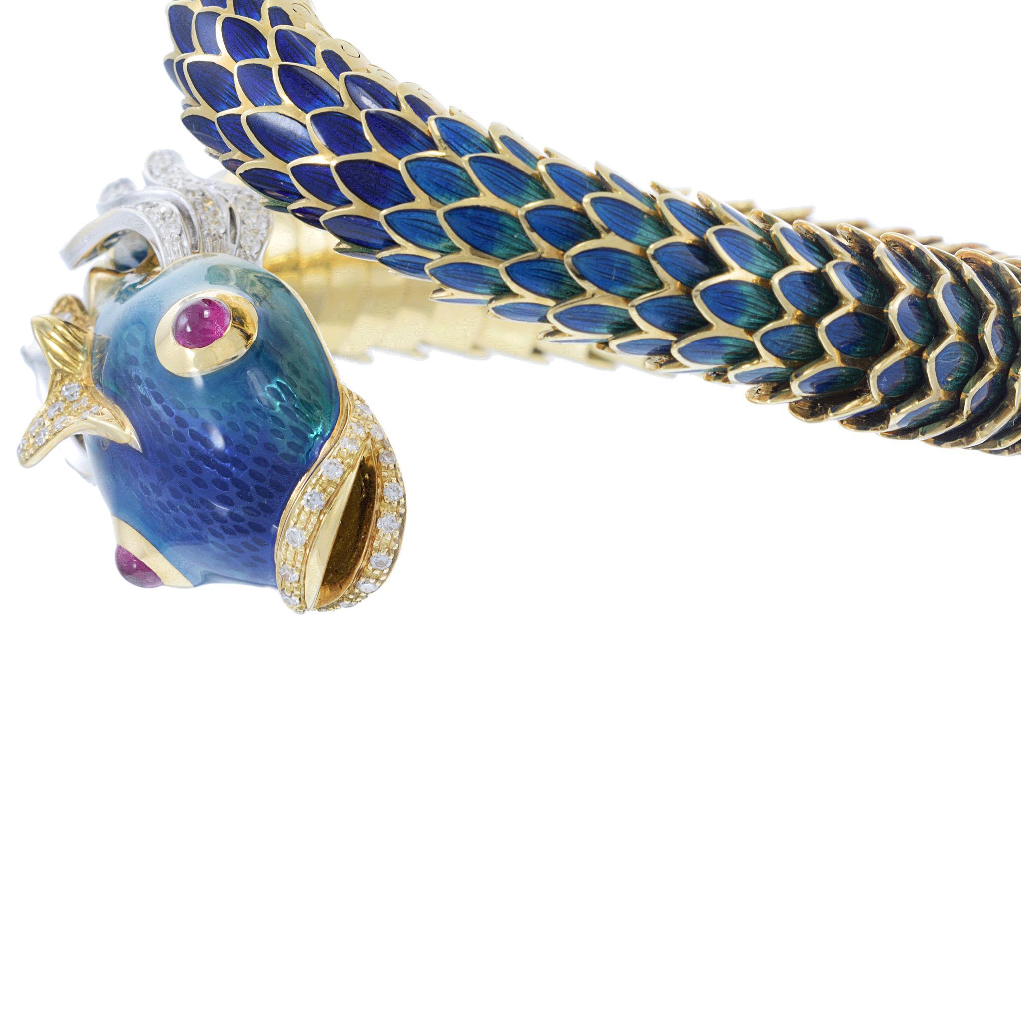 Vintage Retro Periode 18KT Gelbgold Emaille Fisch-Wickelarmband, Vintage (Rundschliff) im Angebot
