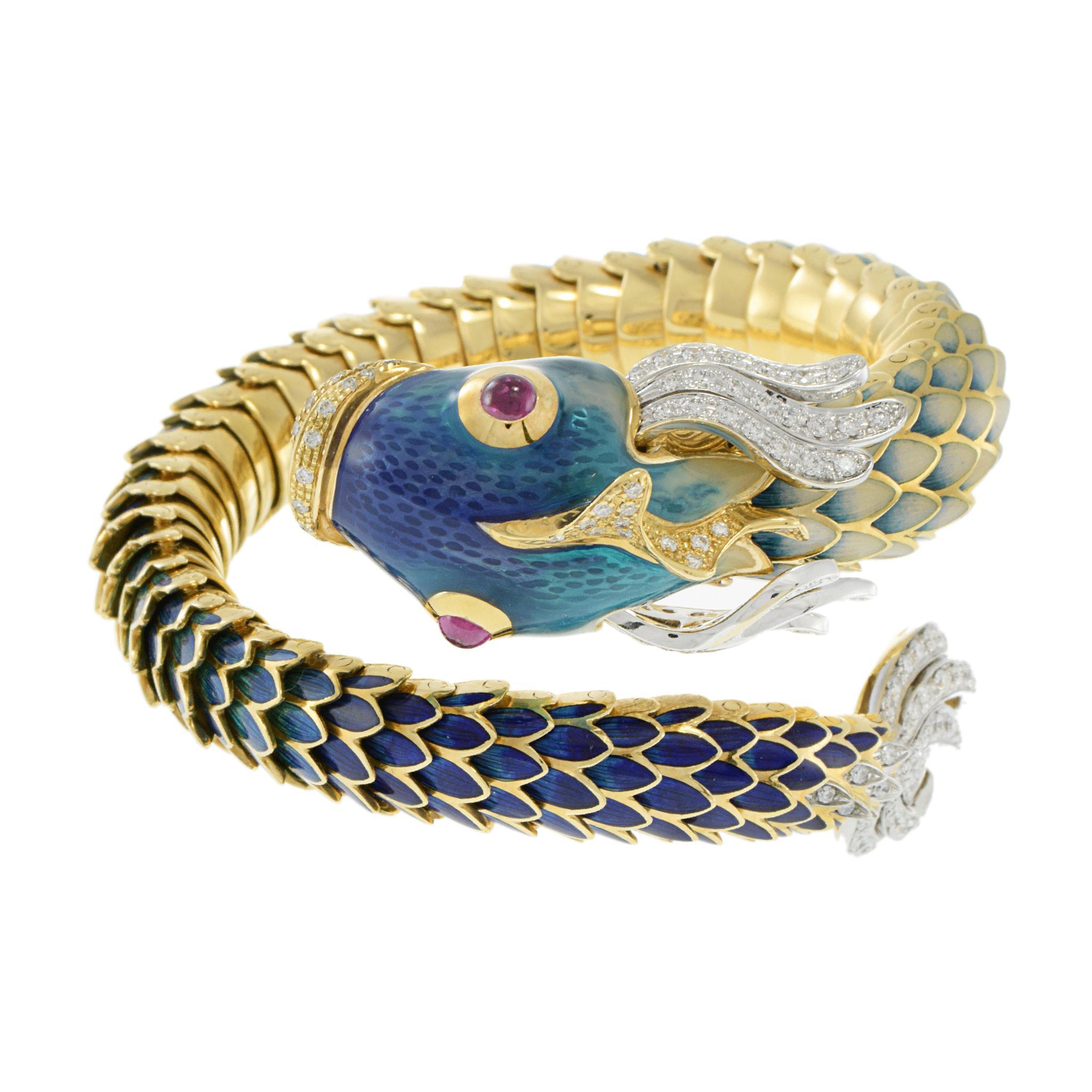 Vintage Retro Periode 18KT Gelbgold Emaille Fisch-Wickelarmband, Vintage Damen im Angebot