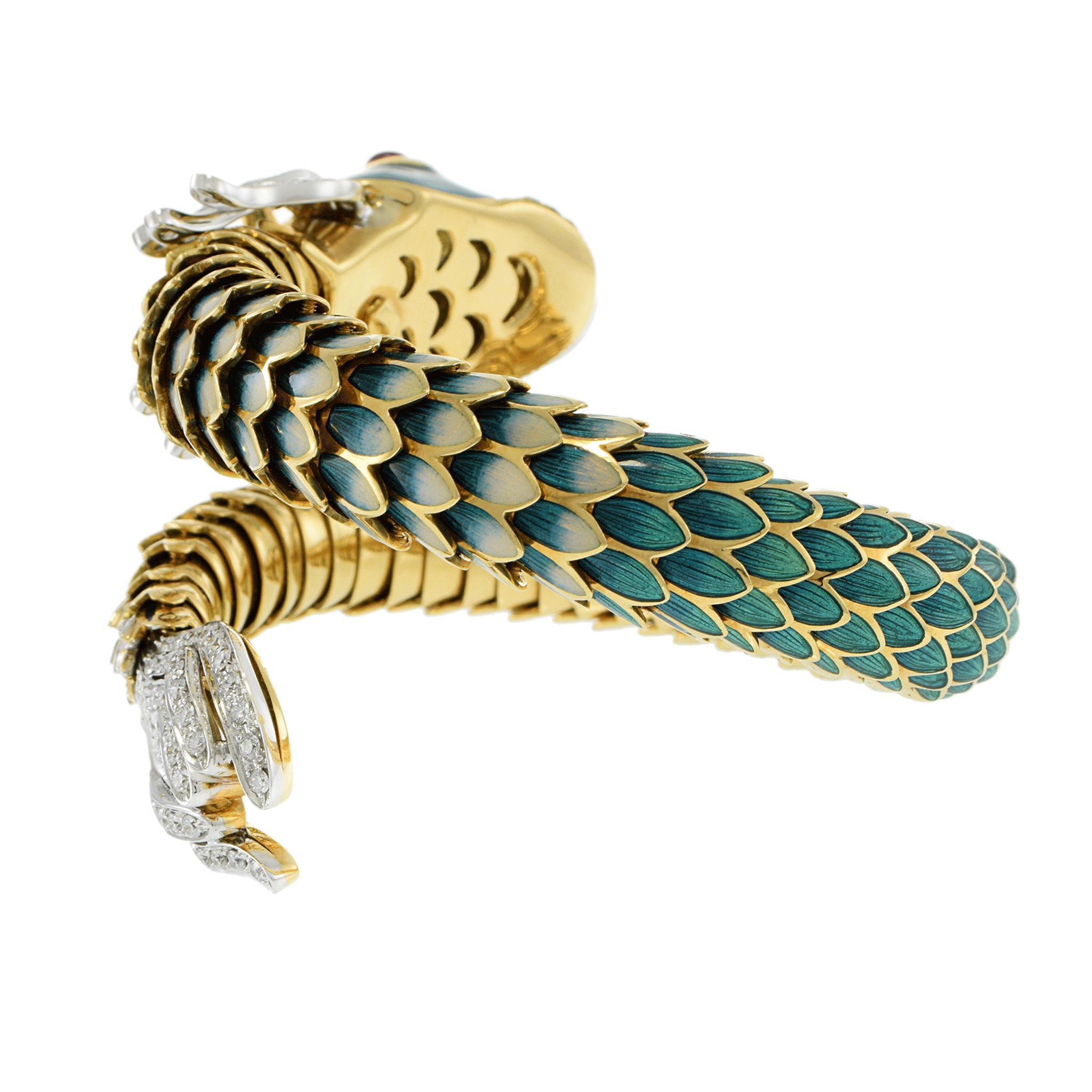 Vintage Retro Periode 18KT Gelbgold Emaille Fisch-Wickelarmband, Vintage im Angebot 2