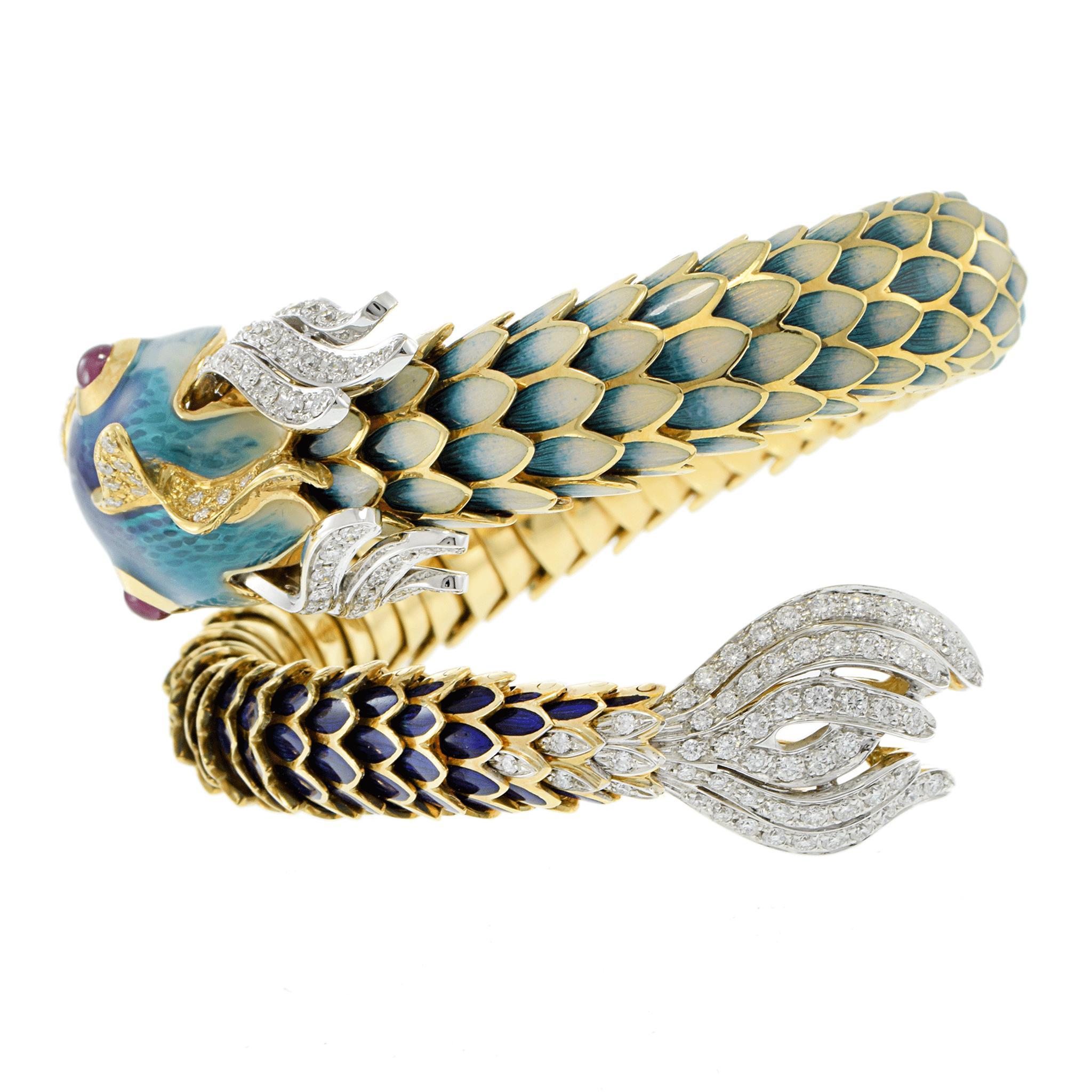 Vintage Retro Periode 18KT Gelbgold Emaille Fisch-Wickelarmband, Vintage im Angebot 3