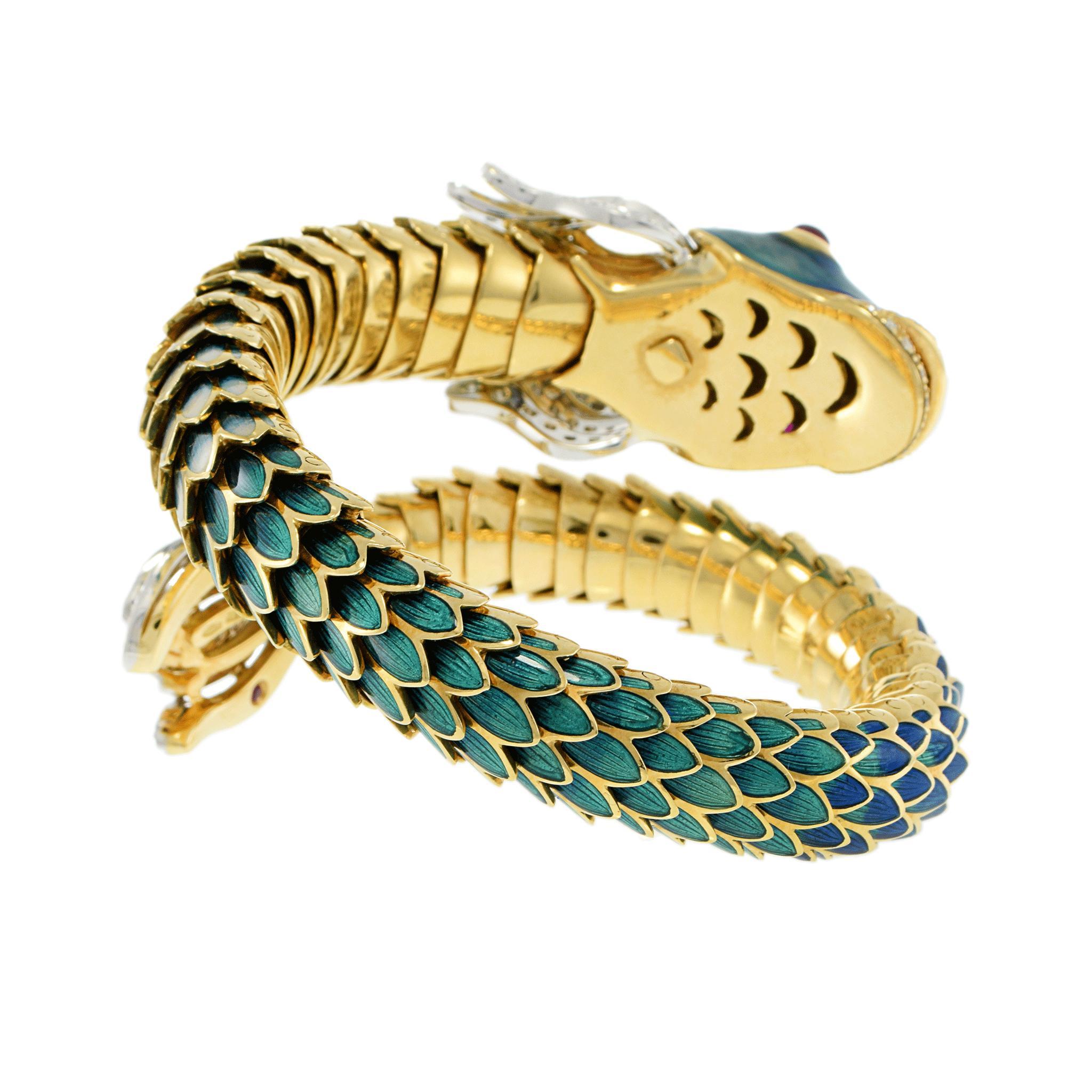 Vintage Retro Periode 18KT Gelbgold Emaille Fisch-Wickelarmband, Vintage im Angebot 4