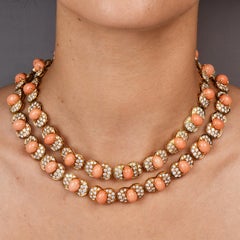 Vintage Retro Pink Coral Diamond 18K Yellow Gold Link Long Bracelet Necklace