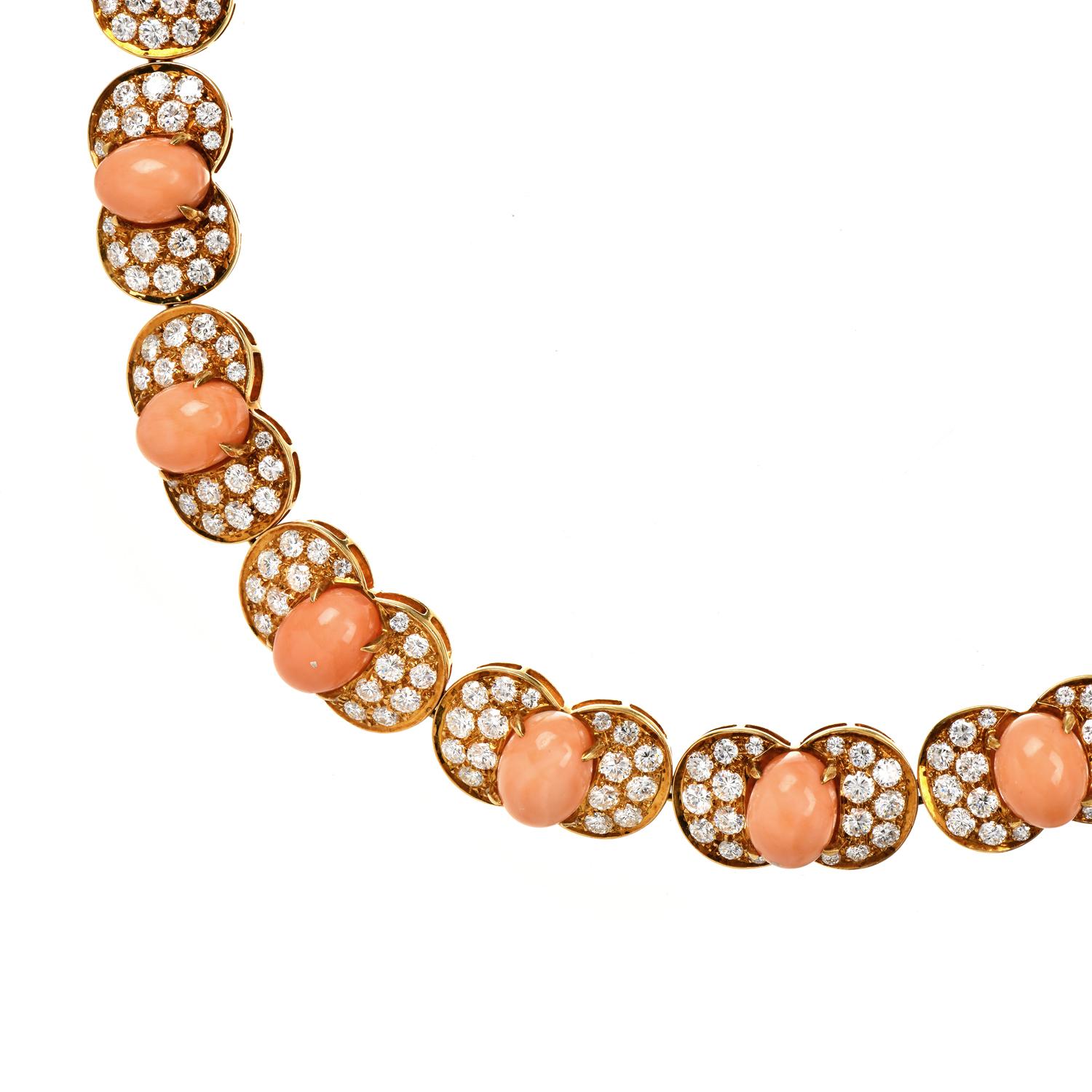 Round Cut Vintage Retro Pink Coral Diamond 18K Yellow Gold Link Long Bracelet Necklace For Sale