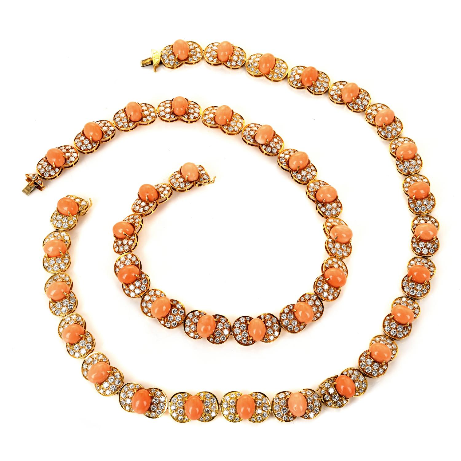Round Cut Vintage Retro Pink Coral Diamond 18K Yellow Gold Link Long Bracelet Necklace For Sale