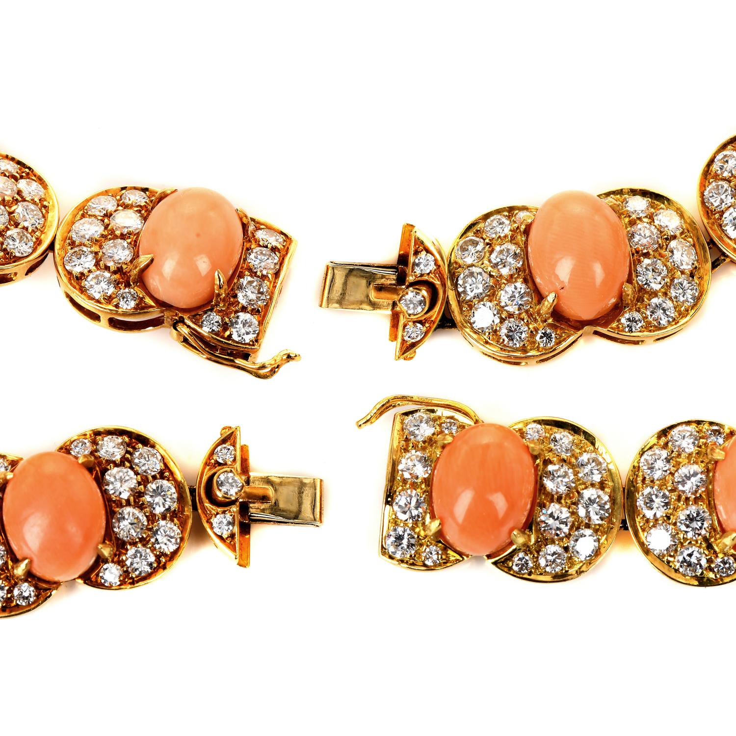 Vintage Retro Pink Coral Diamond 18K Yellow Gold Link Long Bracelet Necklace In Excellent Condition For Sale In Miami, FL