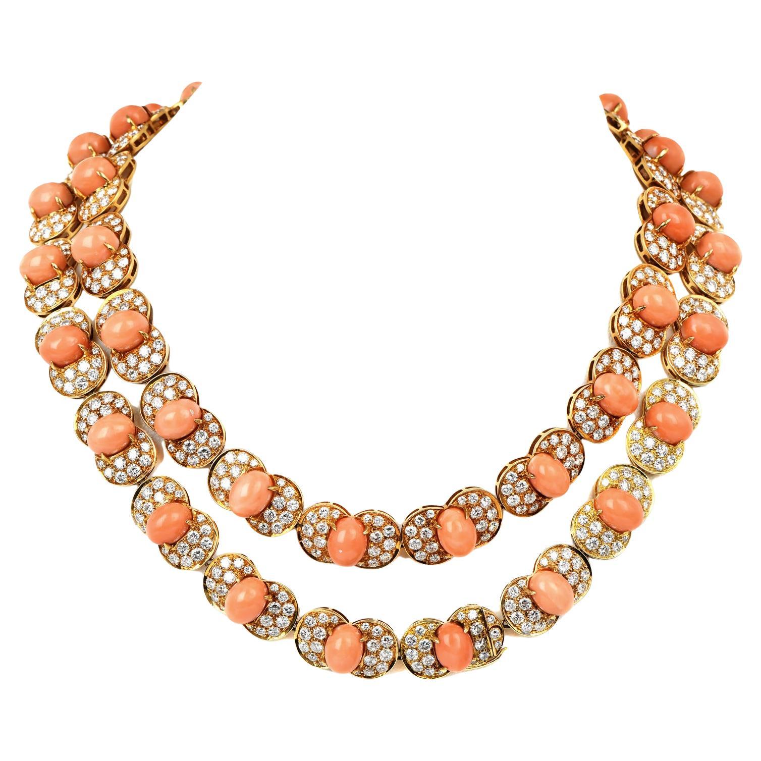 Retro Rosa Koralle Diamant 18K Gelbgold Gliederarmband Halskette