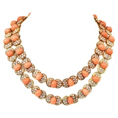 Vintage Retro Pink Coral Diamond 18K Yellow Gold Link Long Bracelet Necklace