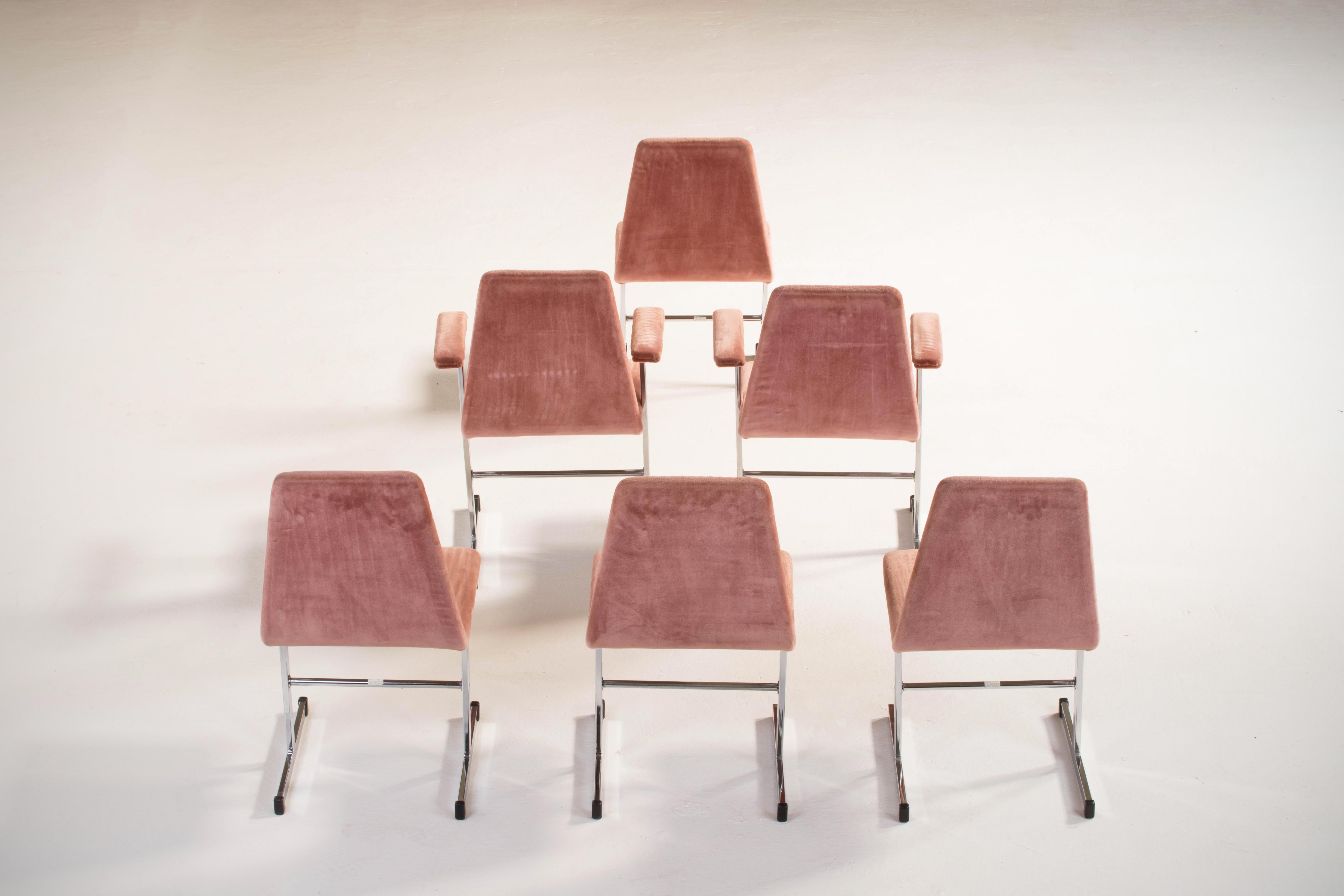 Sedie da pranzo vintage in tessuto rosa retrò di Pieff, set da 6 in vendita 7