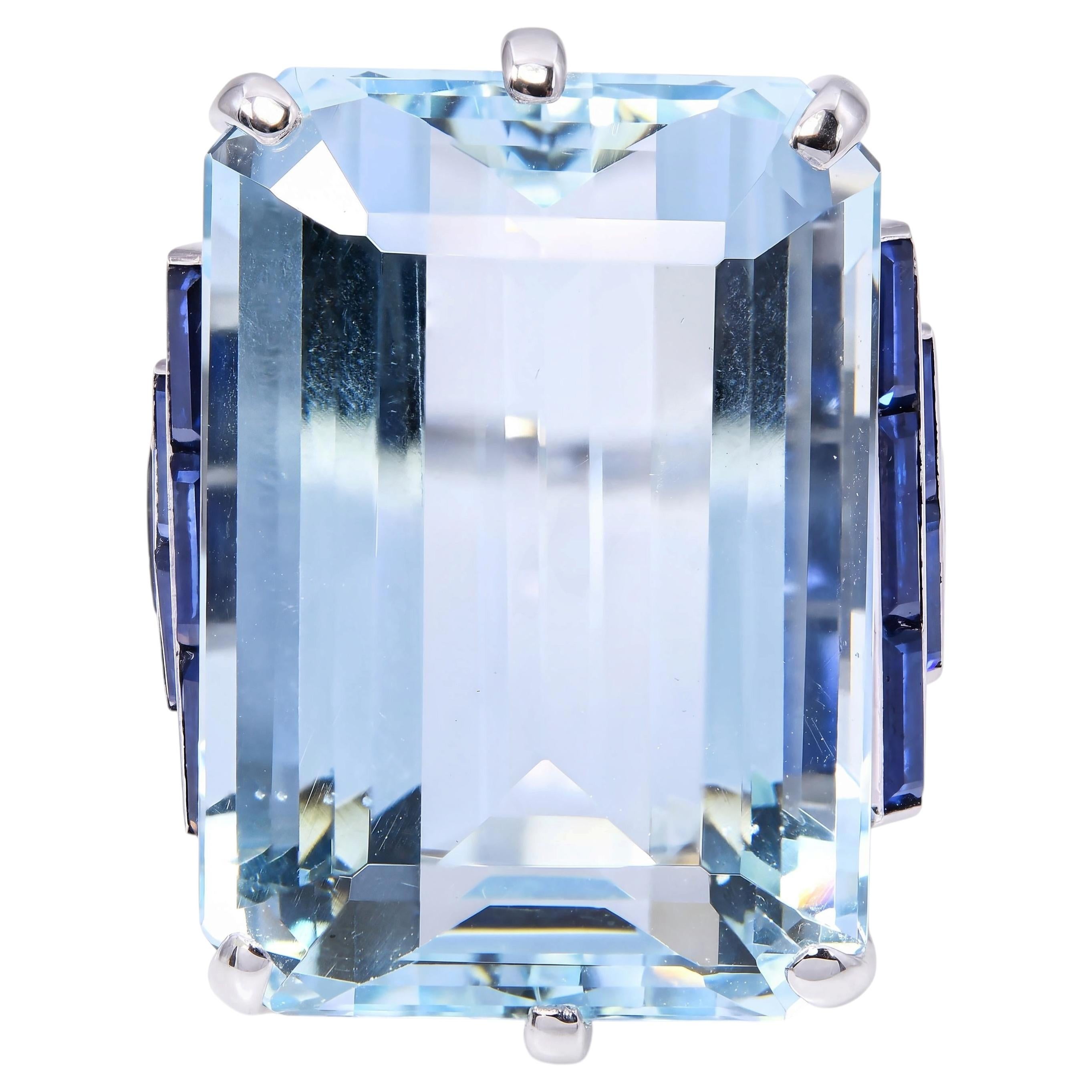 Anello da cocktail vintage retrò in platino da 27 carati con acquamarina e zaffiro in vendita