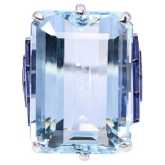 Vintage Retro Platinum 27ct Aquamarine and Sapphire Cocktail Ring
