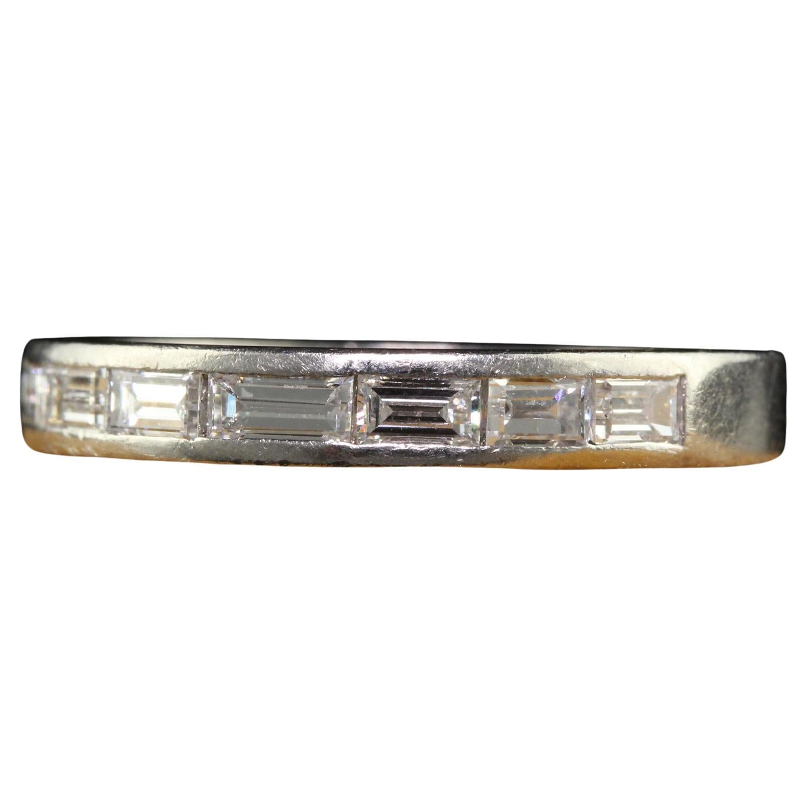 Alianza de boda vintage retro de platino con diamante baguette grabado - Tamaño 7 1/4
