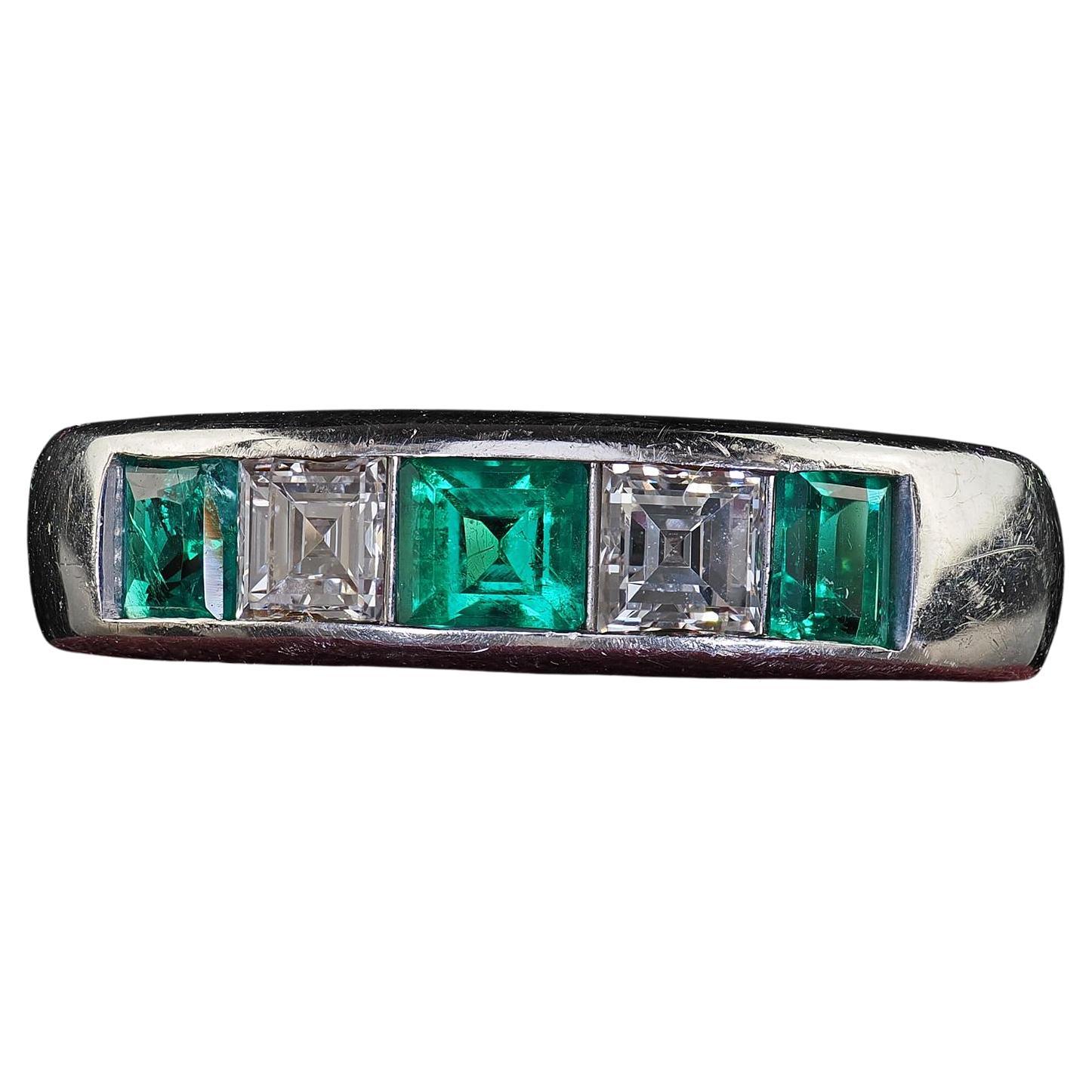 Vintage Retro Platinum Carre Cut Diamond and Emerald Wedding Band