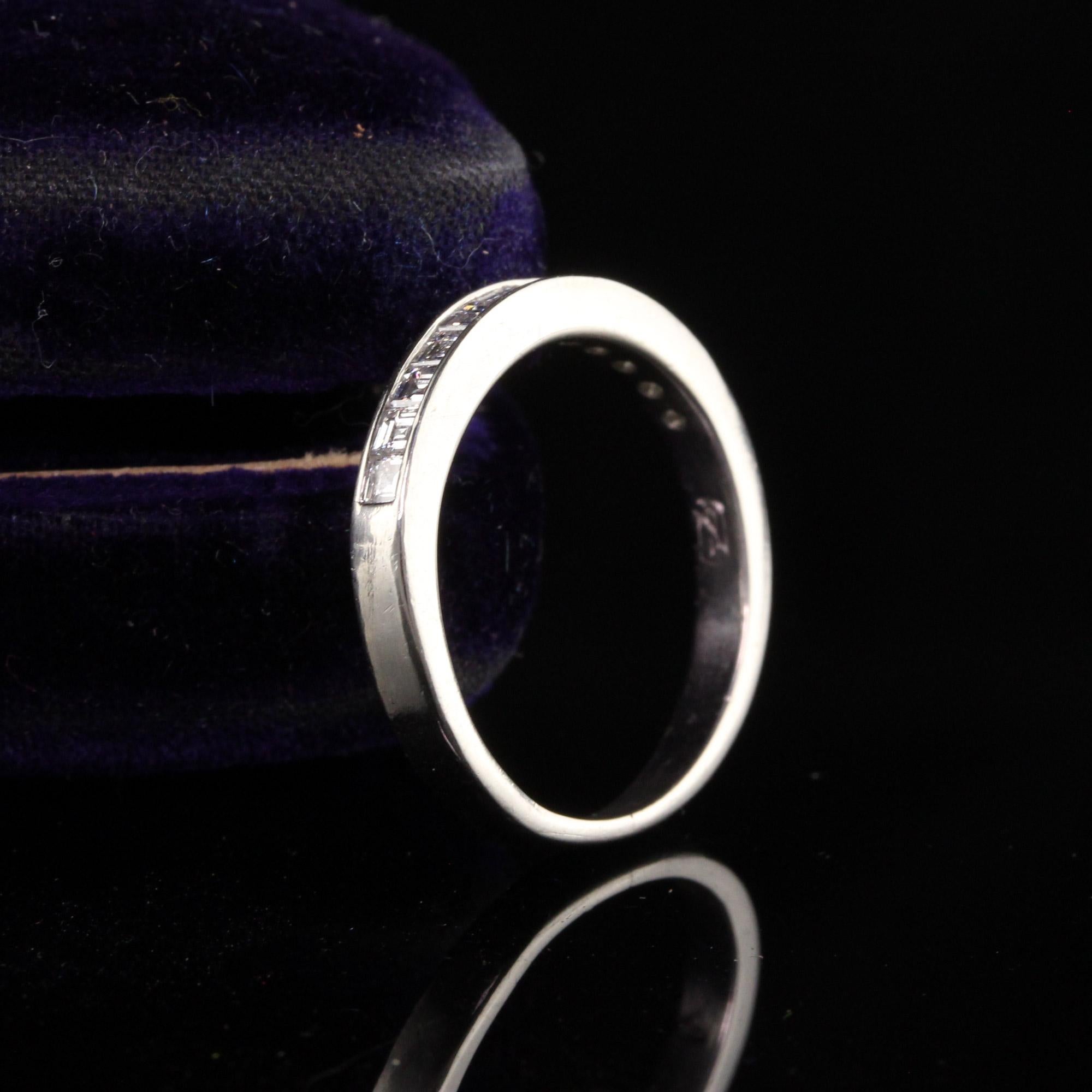 Beautiful Vintage Retro Platinum Carre Cut Diamond Wedding Band - Size 5 3/4. This classic wedding band features bright white carre cut diamonds half way across the top of the band in platinum.

Item #R0861

Metal: Platinum

Diamond: Approximately