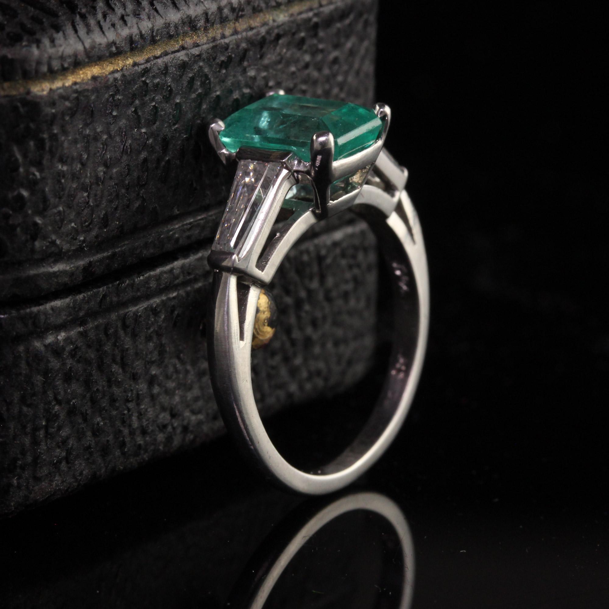 Emerald Cut Vintage Retro Platinum Colombian Emerald Diamond Baguette Engagement Ring For Sale