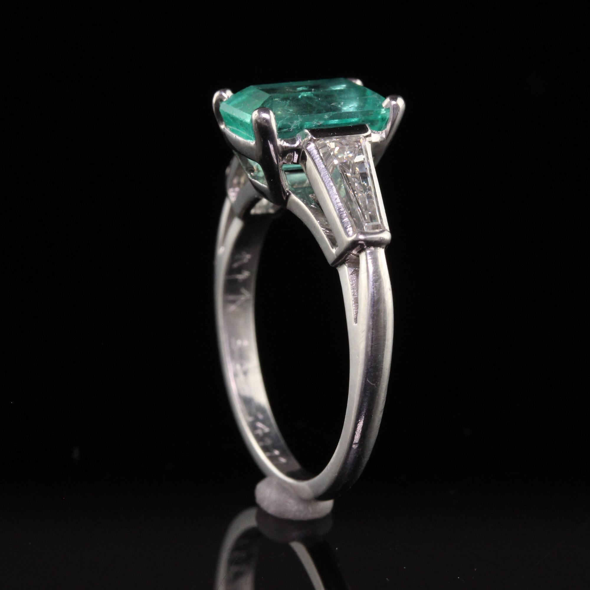 Vintage Retro Platinum Colombian Emerald Diamond Baguette Engagement Ring For Sale 1