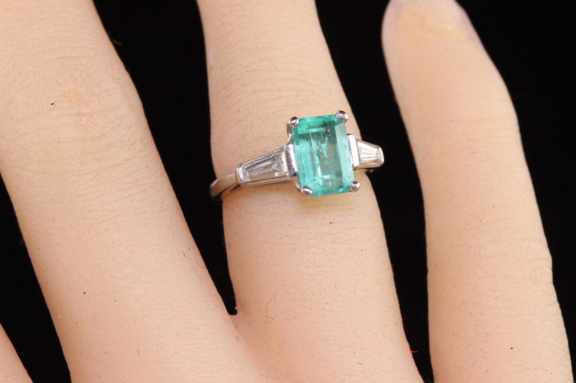 Vintage Retro Platinum Colombian Emerald Diamond Baguette Engagement Ring For Sale 2