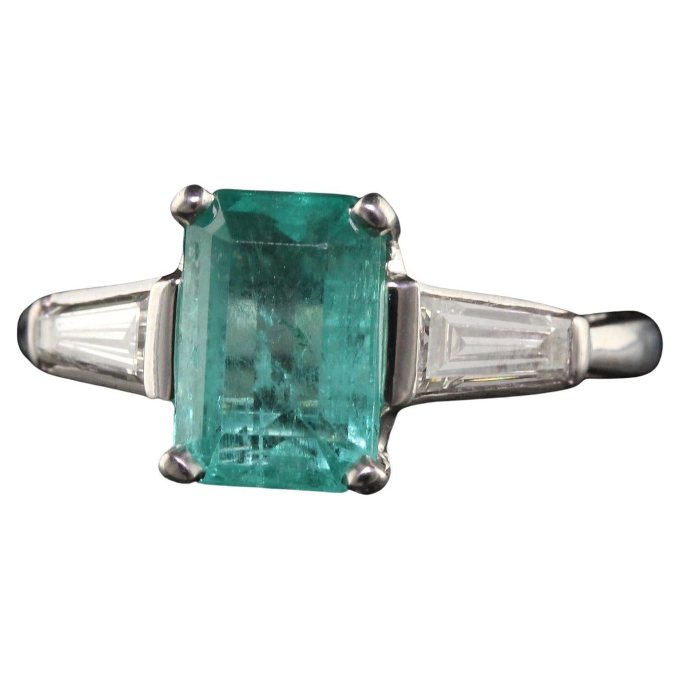 Vintage Retro Platinum Colombian Emerald Diamond Baguette Engagement Ring For Sale