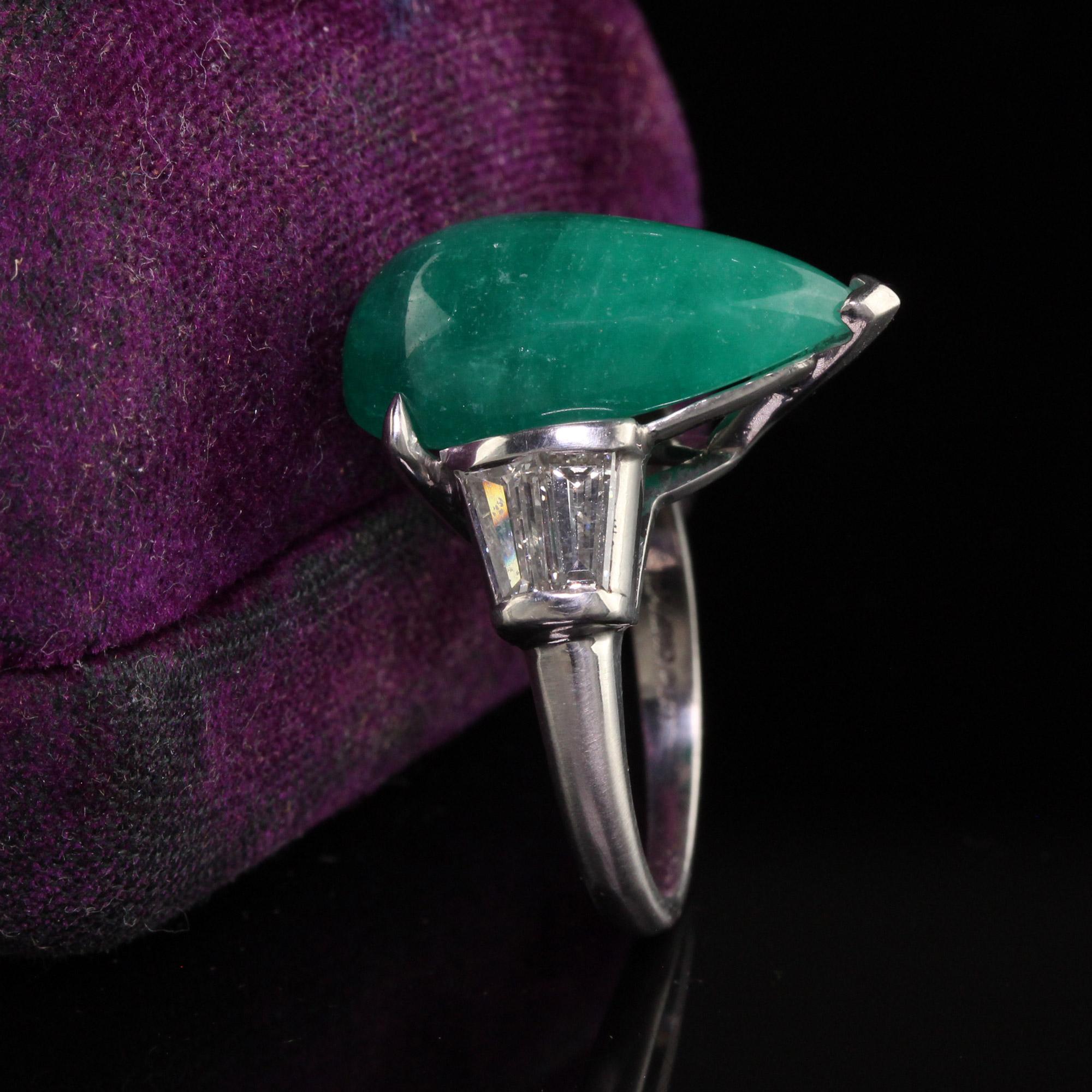 Vintage Retro Platinum Colombian Emerald Pear Cabochon Diamond Ring In Good Condition In Great Neck, NY