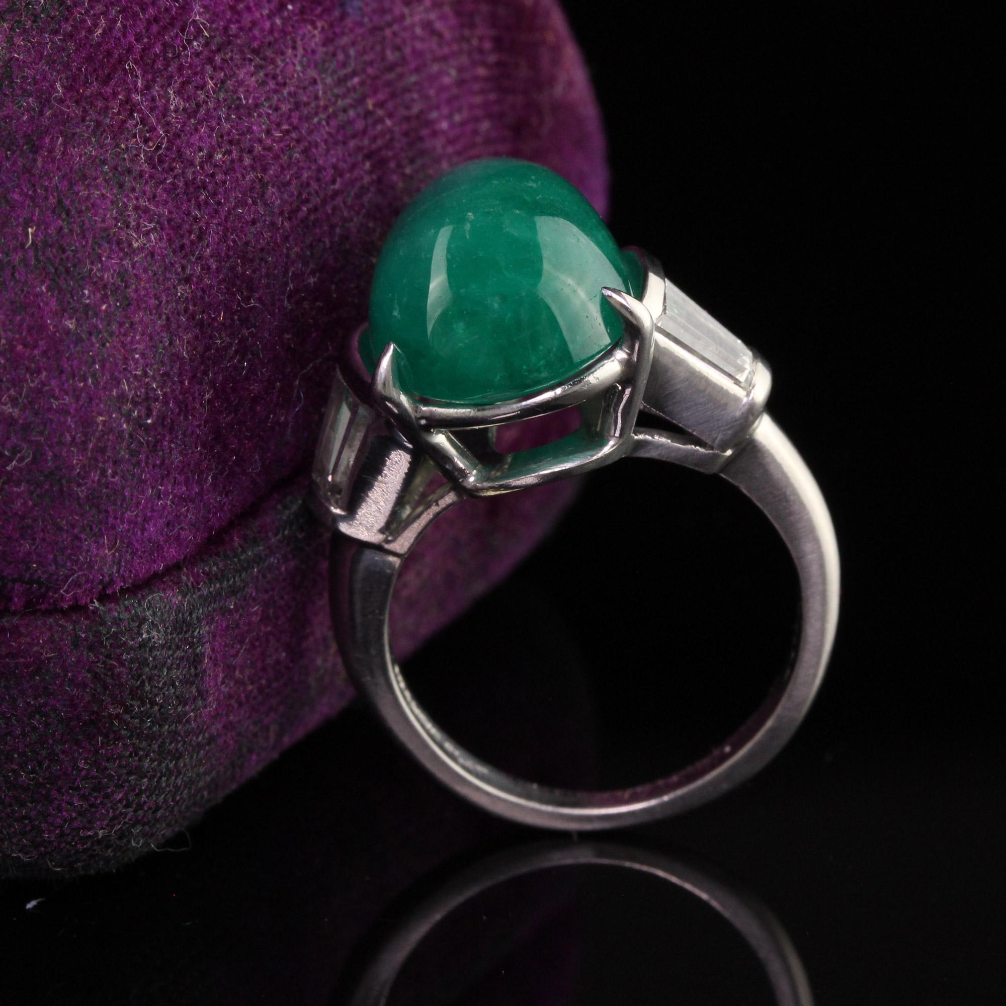 Women's Vintage Retro Platinum Colombian Emerald Pear Cabochon Diamond Ring
