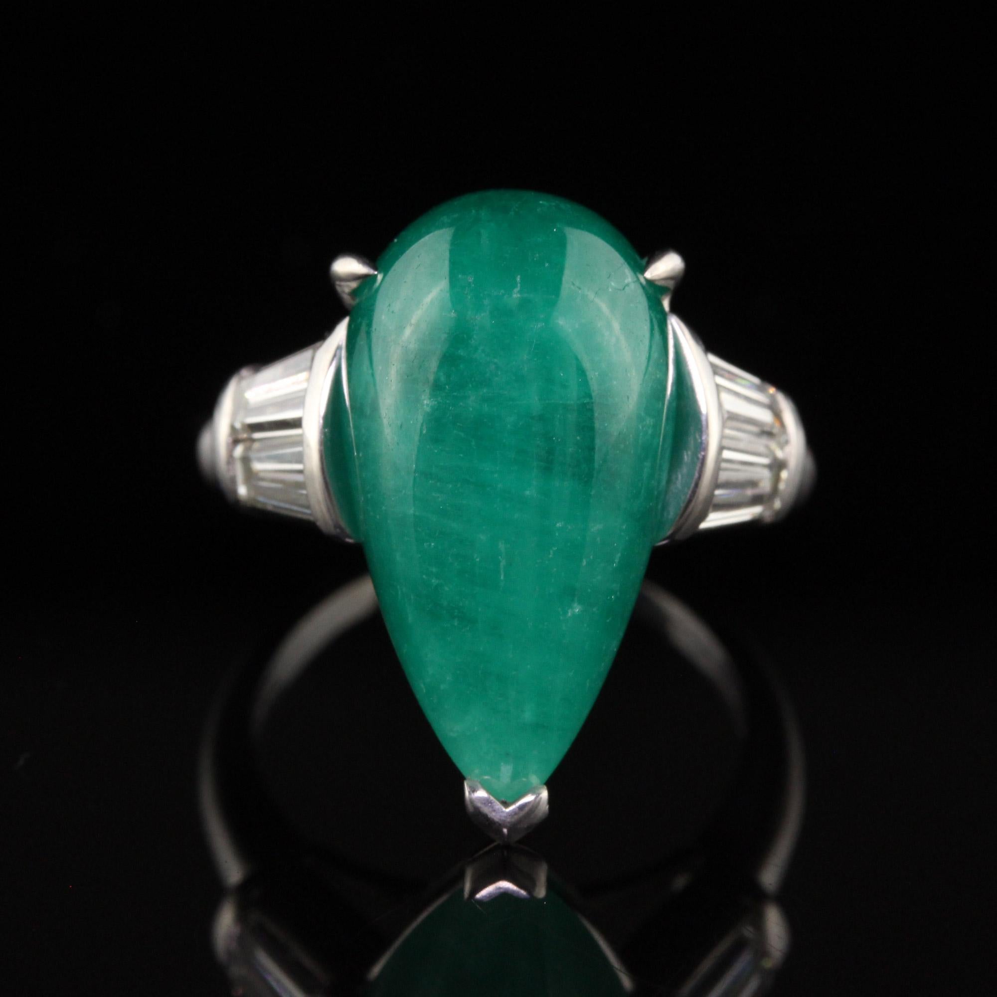 Vintage Retro Platinum Colombian Emerald Pear Cabochon Diamond Ring 1