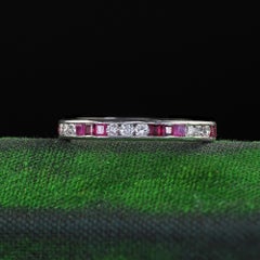 Vintage Retro Platinum Diamond and Ruby Eternity Wedding Band - Size 6 1/2