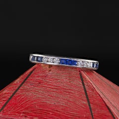 Vintage Retro Platinum Diamond and Sapphire Eternity Wedding Band - Size 6 1/2