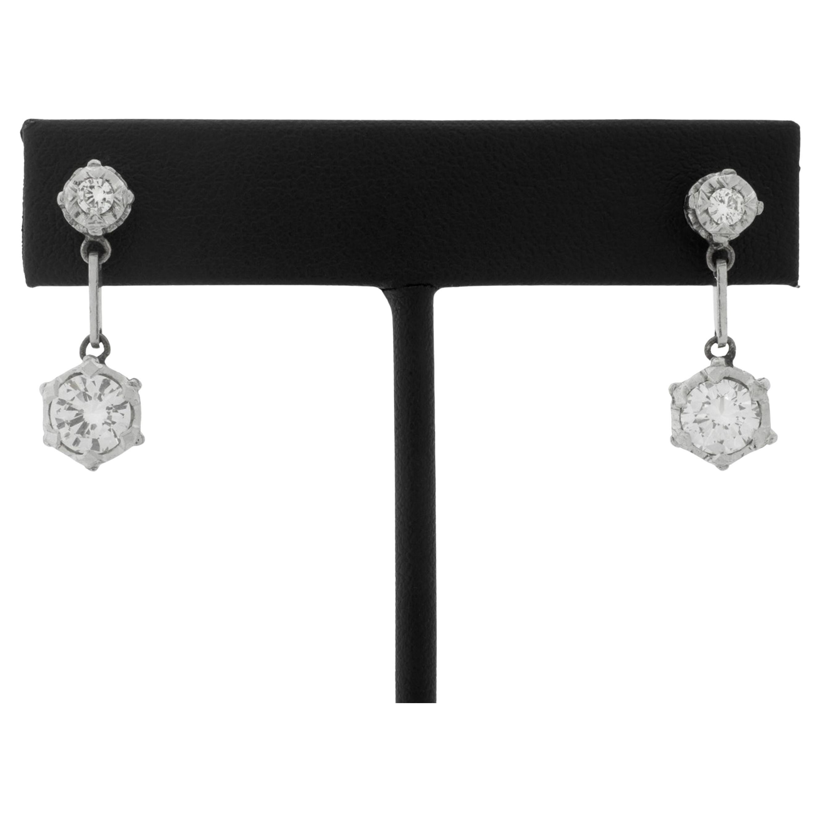 Vintage Retro Platinum Diamond Drop Earrings