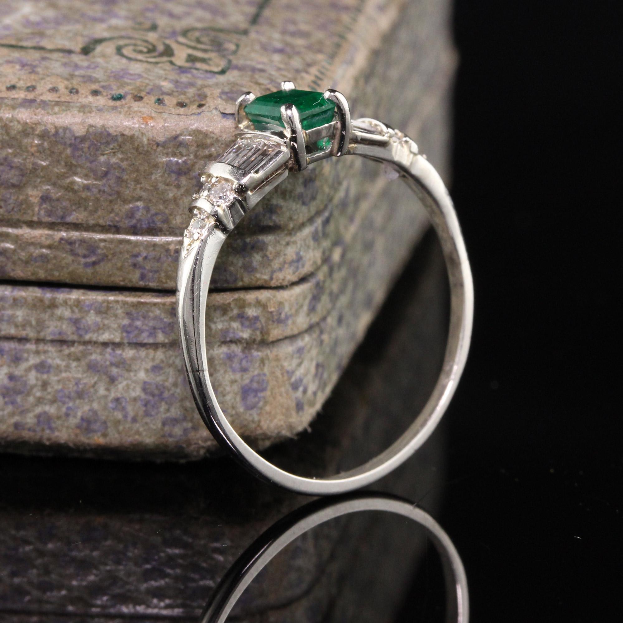 Beautiful Vintage Retro Platinum Emerald and Diamond Engagement Ring. This beautiful ring has a nice Emerald in the center of a platinum mounting with baguette diamonds.

Item #R0818

Metal: Platinum

Diamond: Approximately .40 ct

Color: