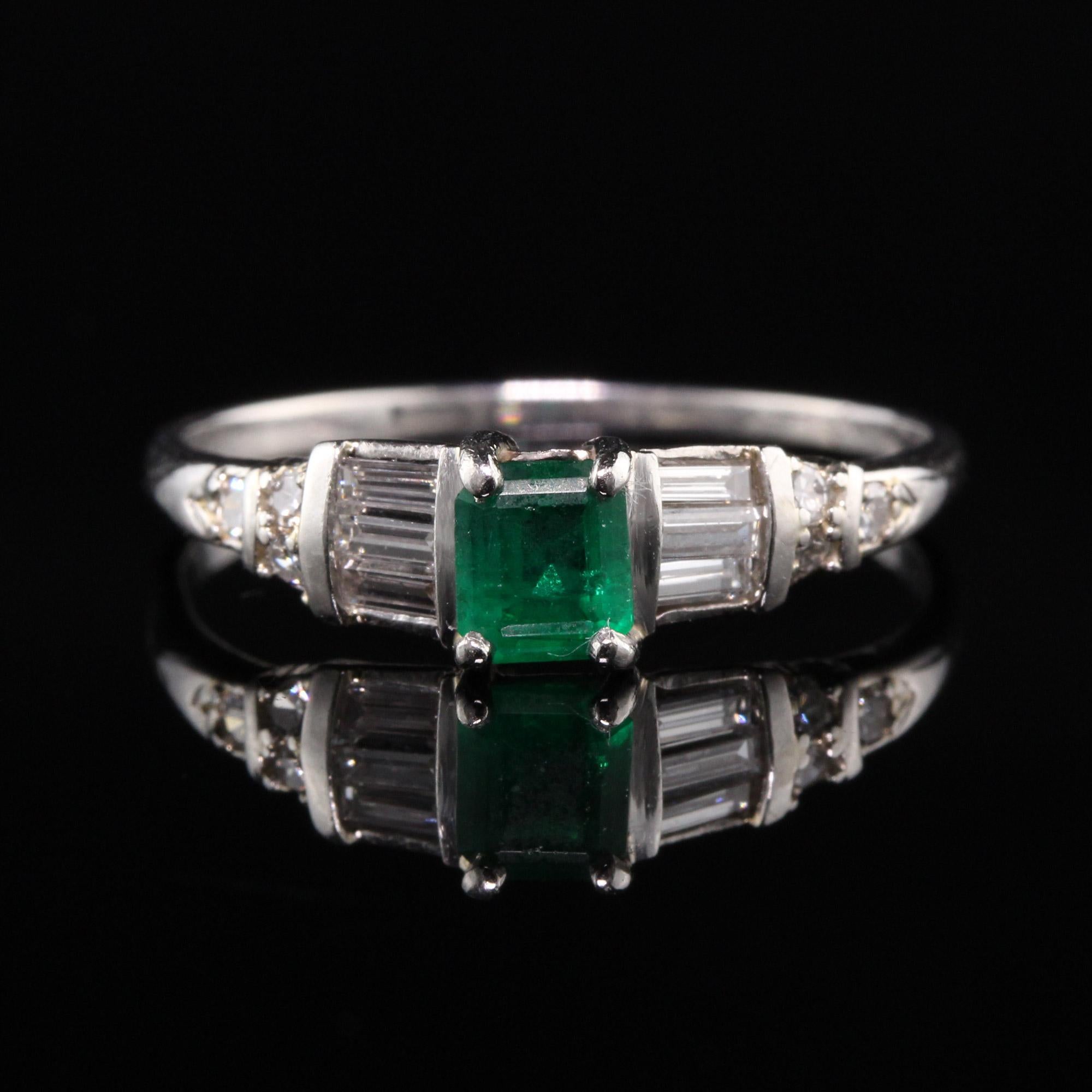Emerald Cut Vintage Retro Platinum Emerald and Diamond Engagement Ring