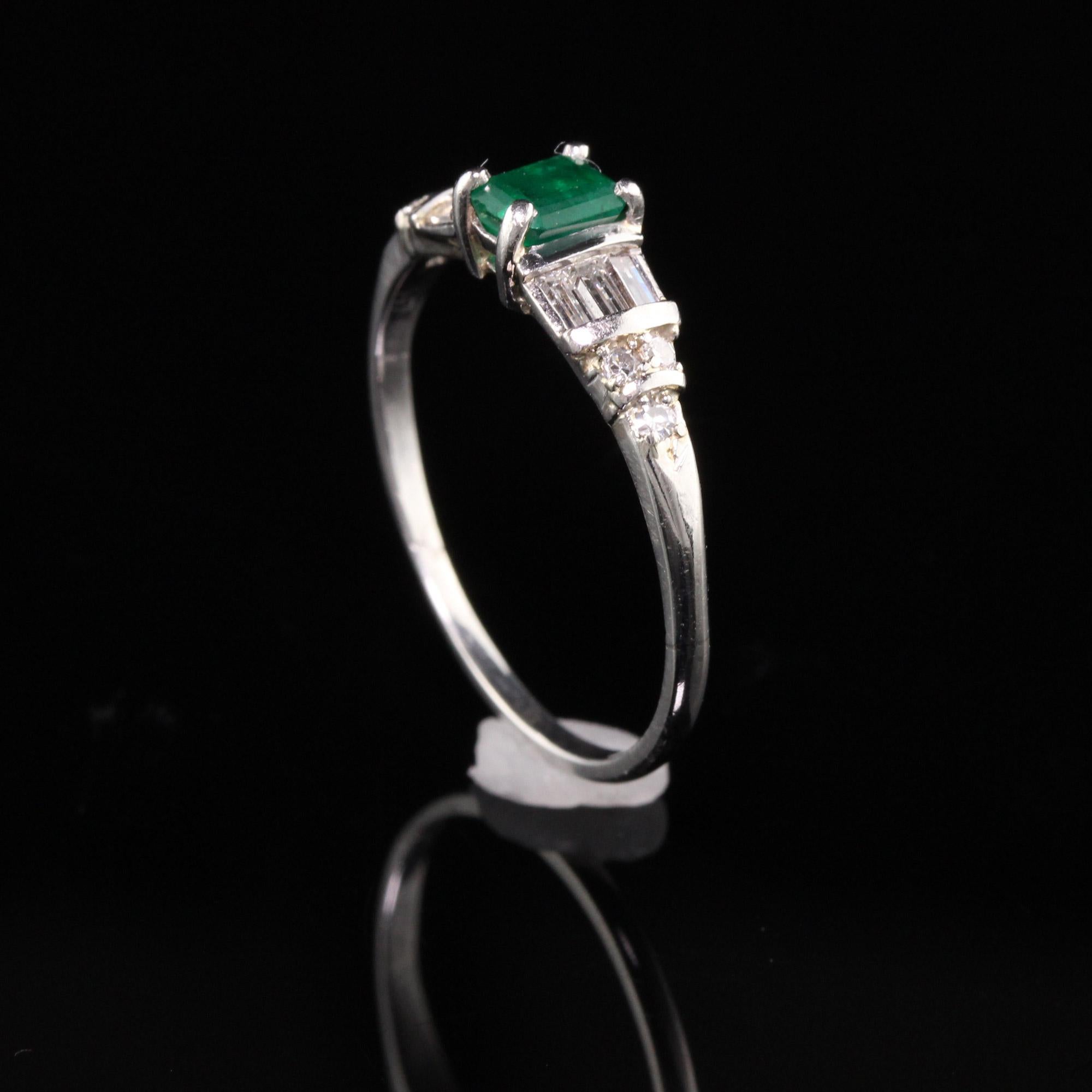 Women's Vintage Retro Platinum Emerald and Diamond Engagement Ring