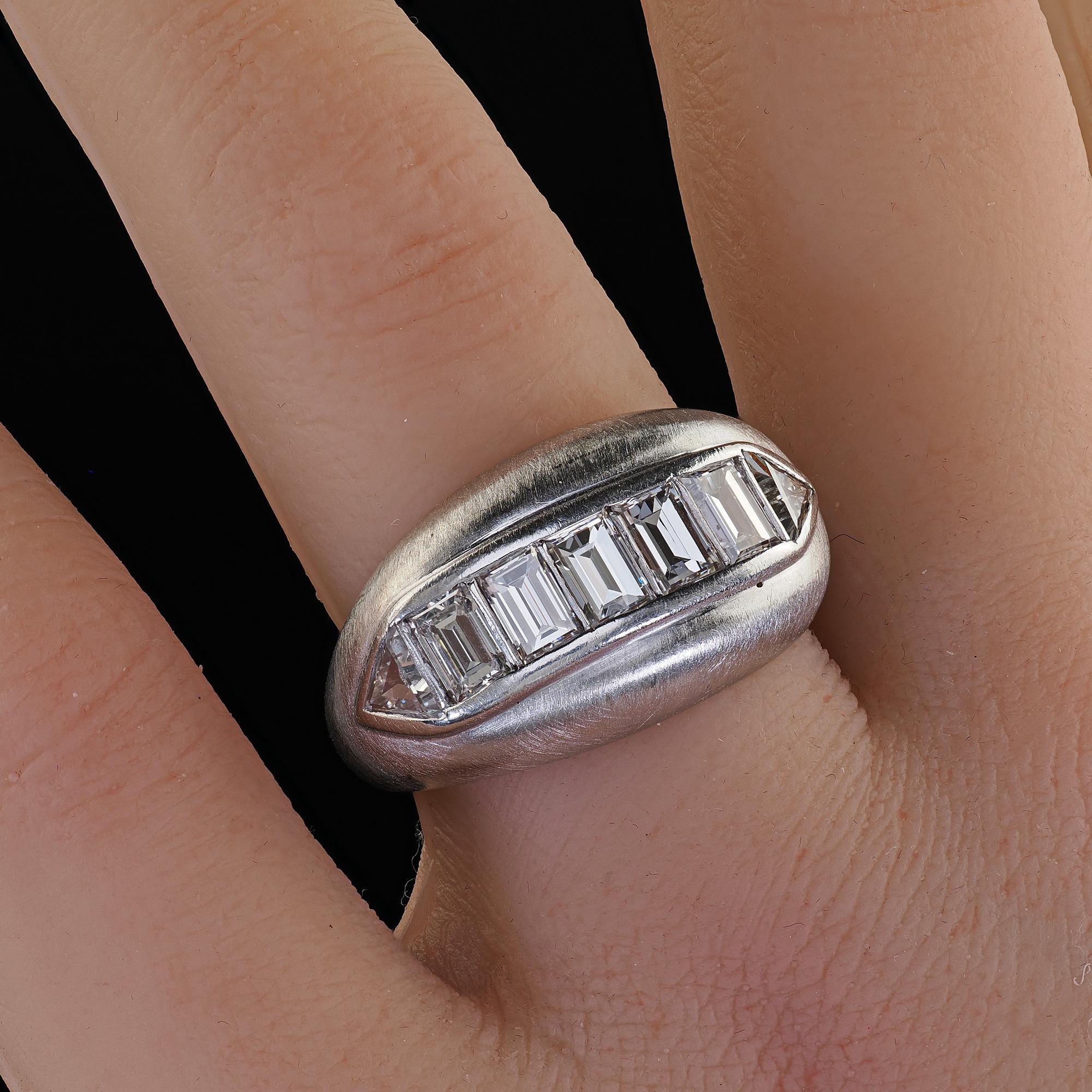 Vintage Retro Platinum Emerald and Trillion Cut Diamond Wide Cocktail Ring For Sale 5
