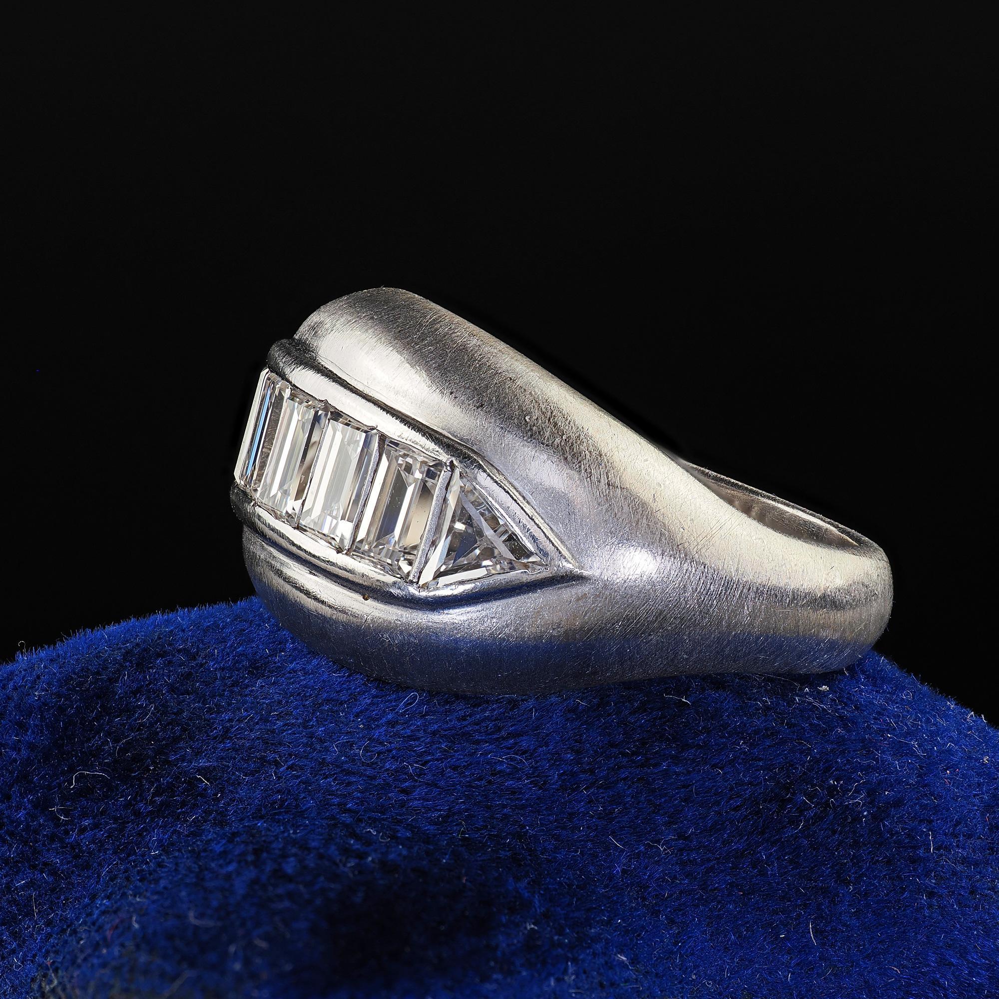 Women's Vintage Retro Platinum Emerald and Trillion Cut Diamond Wide Cocktail Ring For Sale