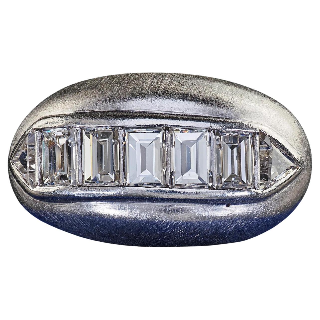 Vintage Retro Platinum Emerald and Trillion Cut Diamond Wide Cocktail Ring