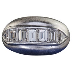 Vintage Retro Platinum Emerald and Trillion Cut Diamond Wide Cocktail Ring
