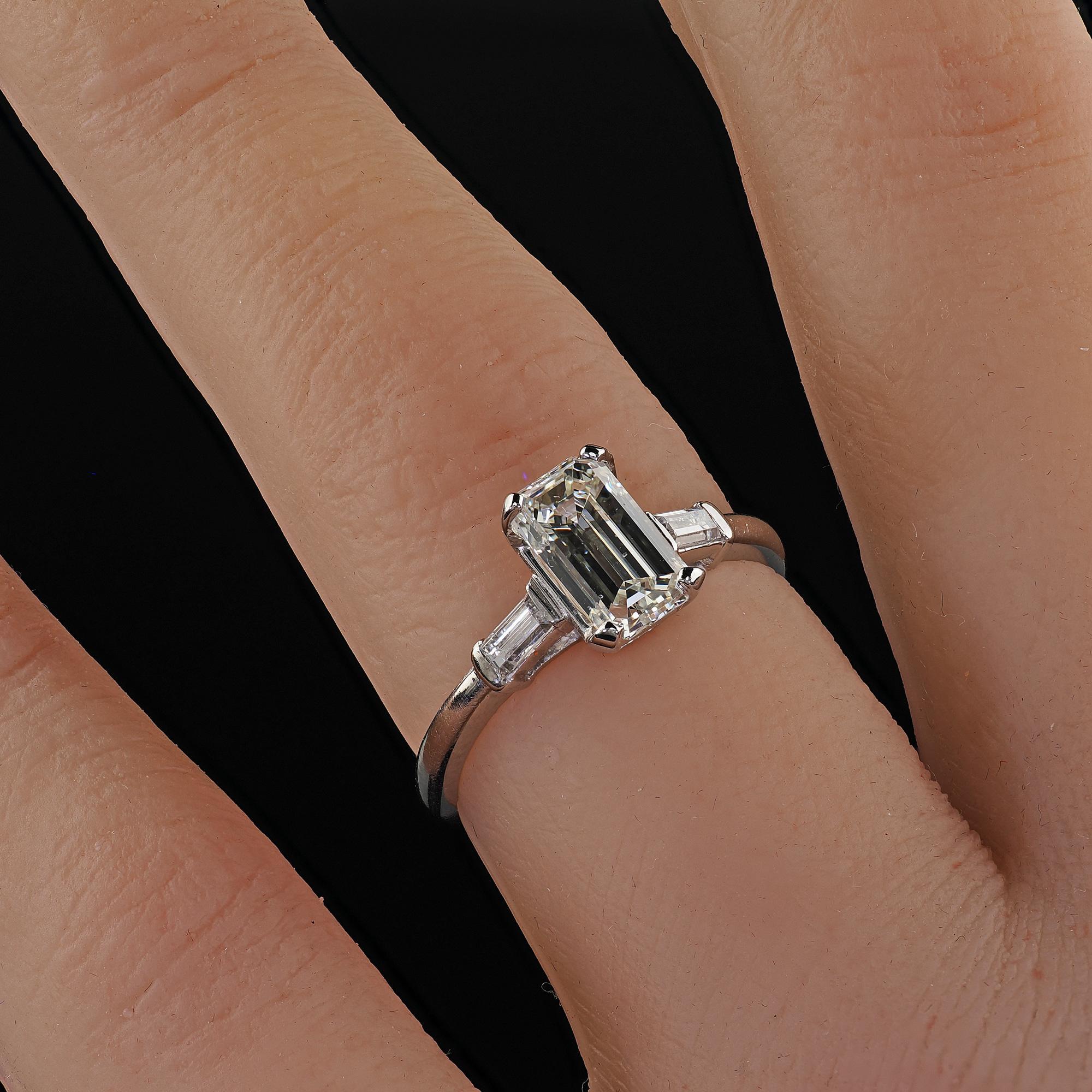 Vintage Retro Platinum Emerald Cut Diamond Engagement Ring - GIA For Sale 6