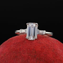Vintage Retro Platinum Emerald Cut Diamond Engagement Ring - GIA