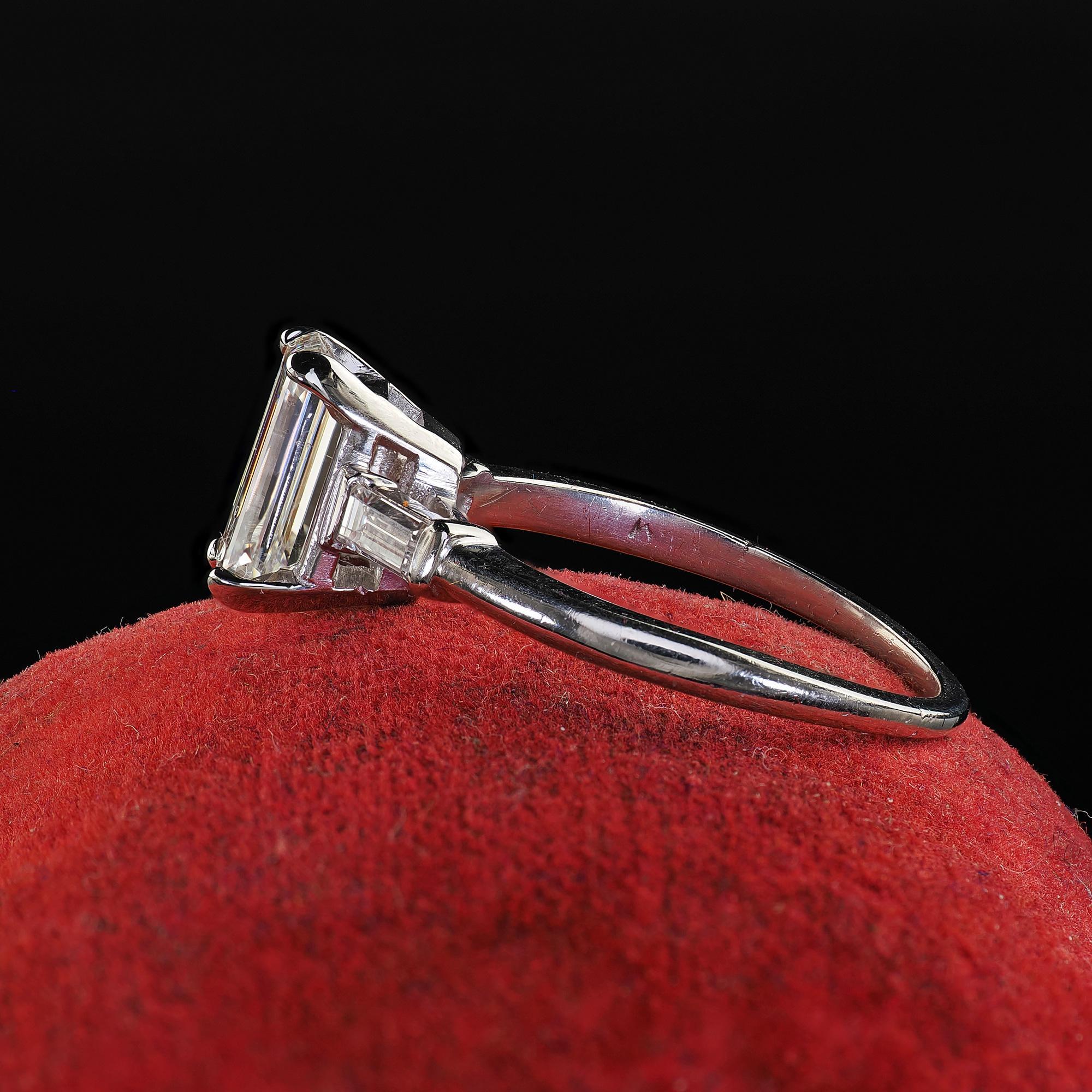 Vintage Retro Platinum Emerald Cut Diamond Engagement Ring - GIA For Sale 1