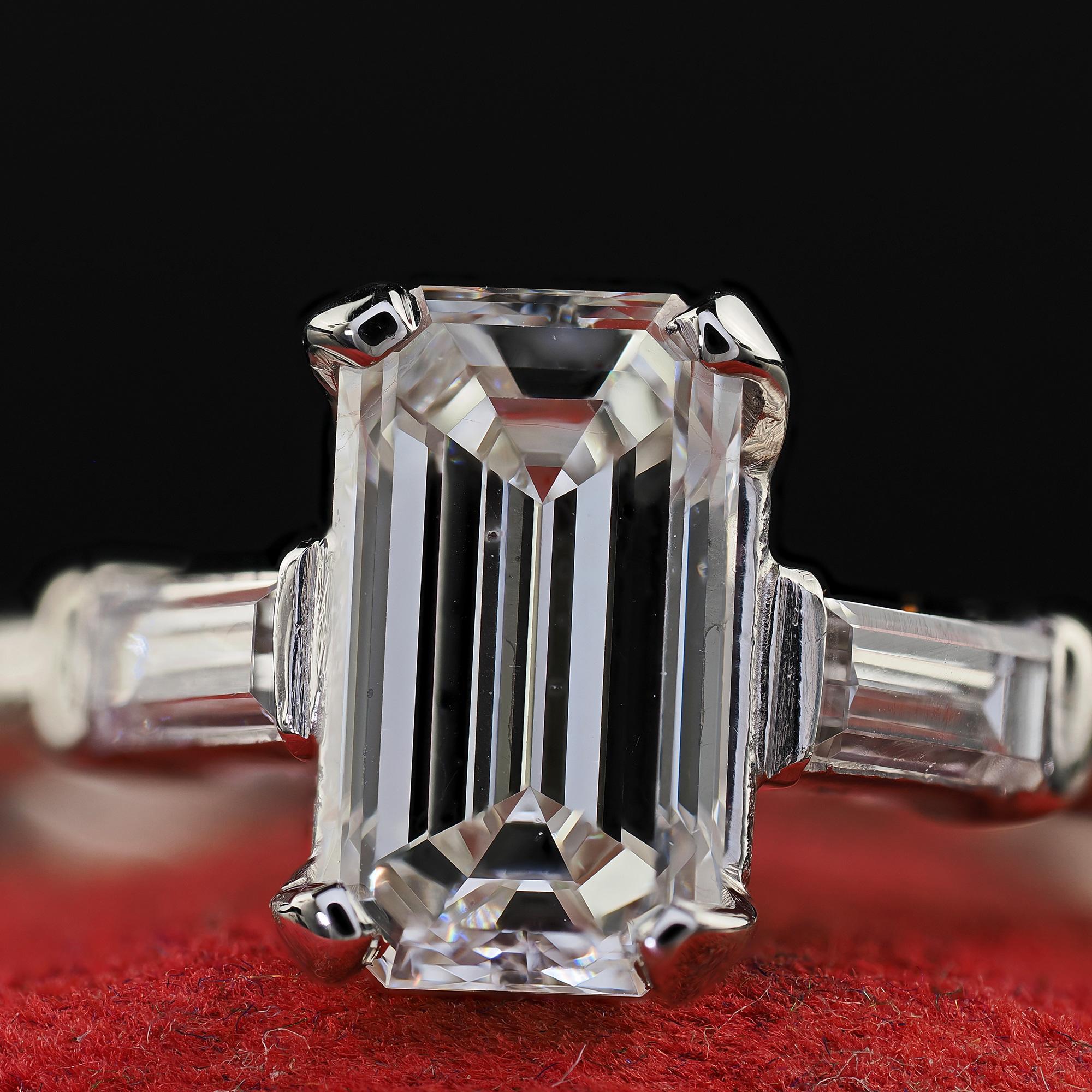 Vintage Retro Platinum Emerald Cut Diamond Engagement Ring - GIA For Sale 2