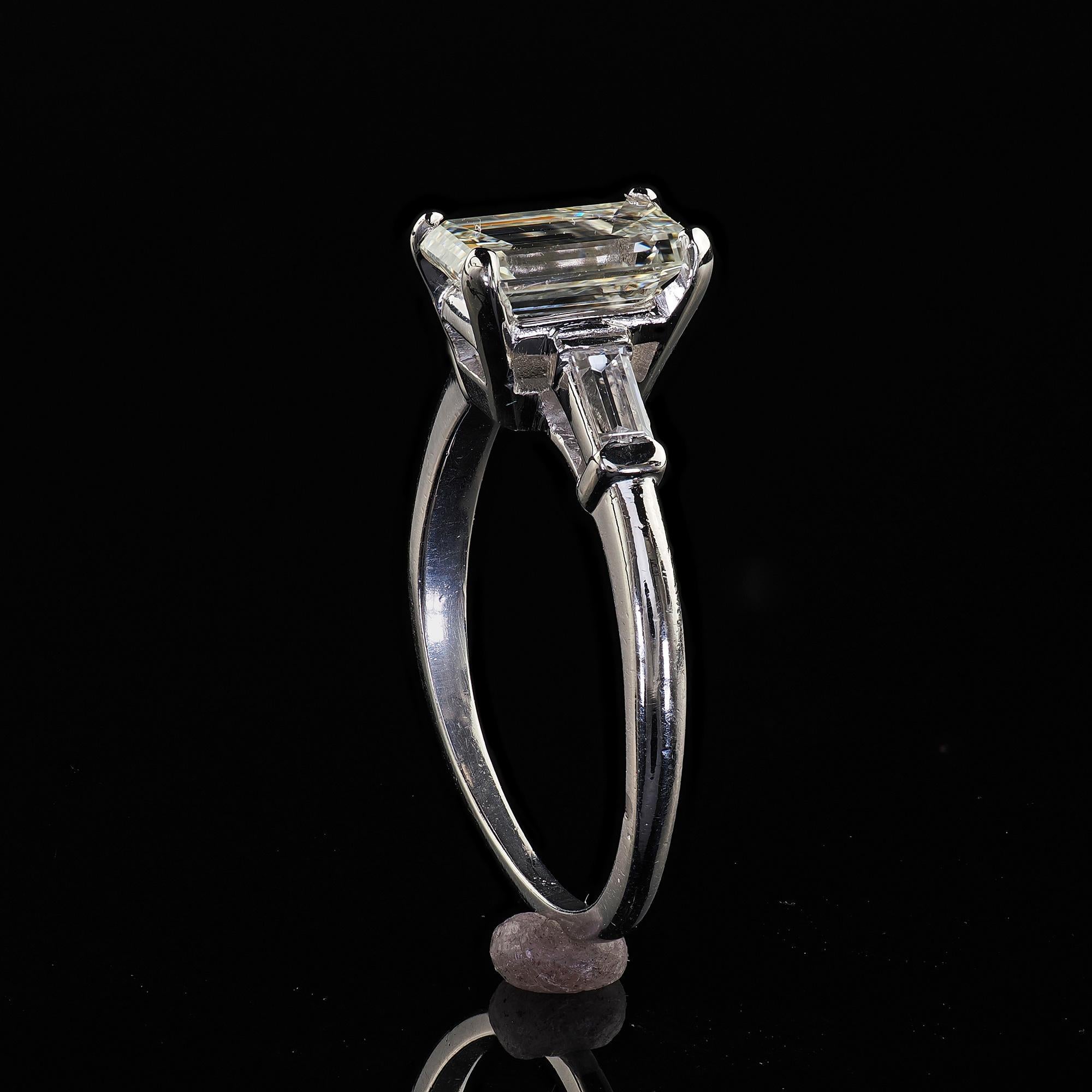 Vintage Retro Platinum Emerald Cut Diamond Engagement Ring - GIA For Sale 5
