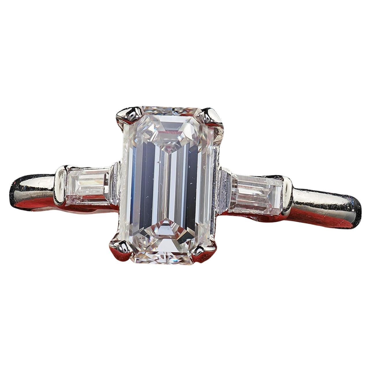 Vintage Retro Platinum Emerald Cut Diamond Engagement Ring - GIA