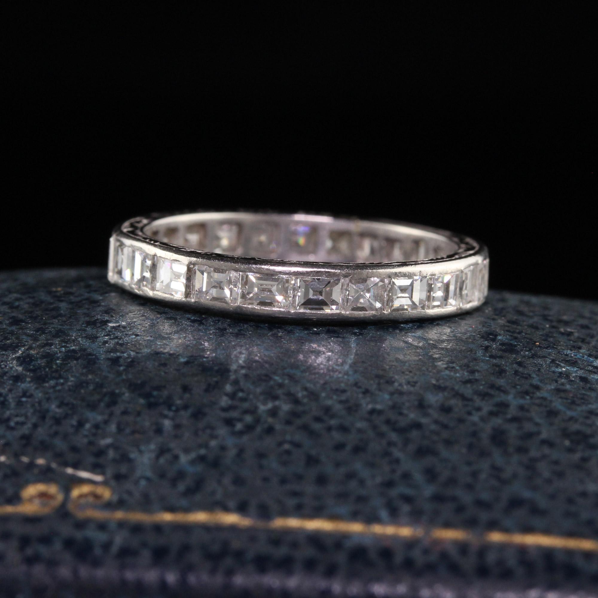 Beautiful Vintage Retro Platinum Engraved Carre Cut Diamond Eternity Band. This beautiful band is crafted in platinum. There are carre cut diamonds going around the entire ring and the size of the band is engraved 
